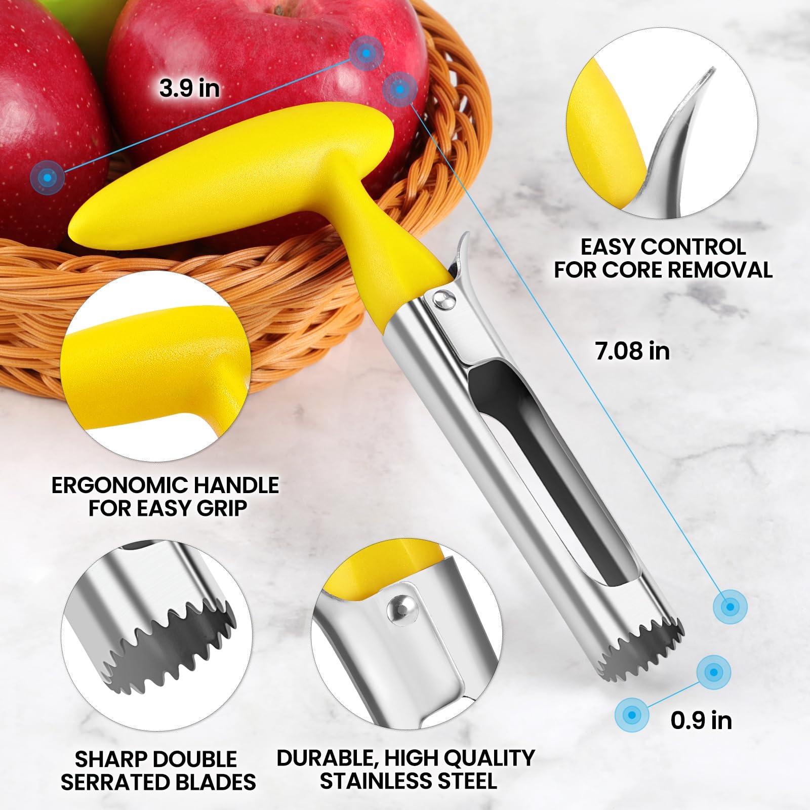 Premium Stainless Steel Apple Corer & Pear Corer Tool - Sharp Serrated Edge for Easy Fruit Coring - Durable & Easy to Clean - Perfect for Baking, Juicing, and Healthy Snacks (Yellow)