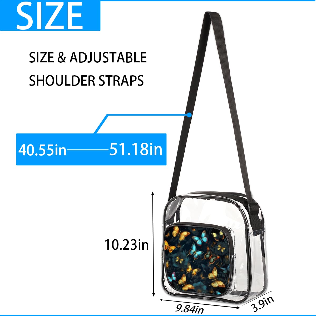 Butterfly Golden Black Clear Crossbody Purse Bag - Stadium Approved Transparent Shoulder Bag for Women & Men - Perfect for Music Festivals, Sports Events, Concerts & Travel
