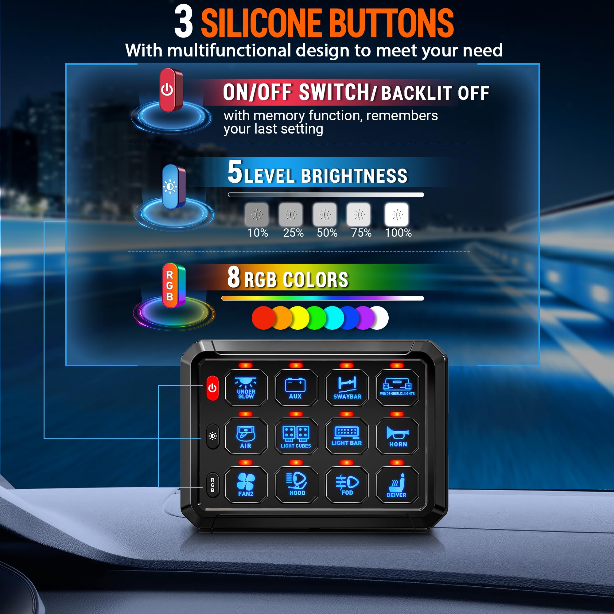 12 Gang Universal Switch Panel with LED & Touch Control - Waterproof Circuit Relay System for Cars, Boats, Trucks, UTVs & ATVs - Perfect for Off-Road, Marine & RV Lighting Control