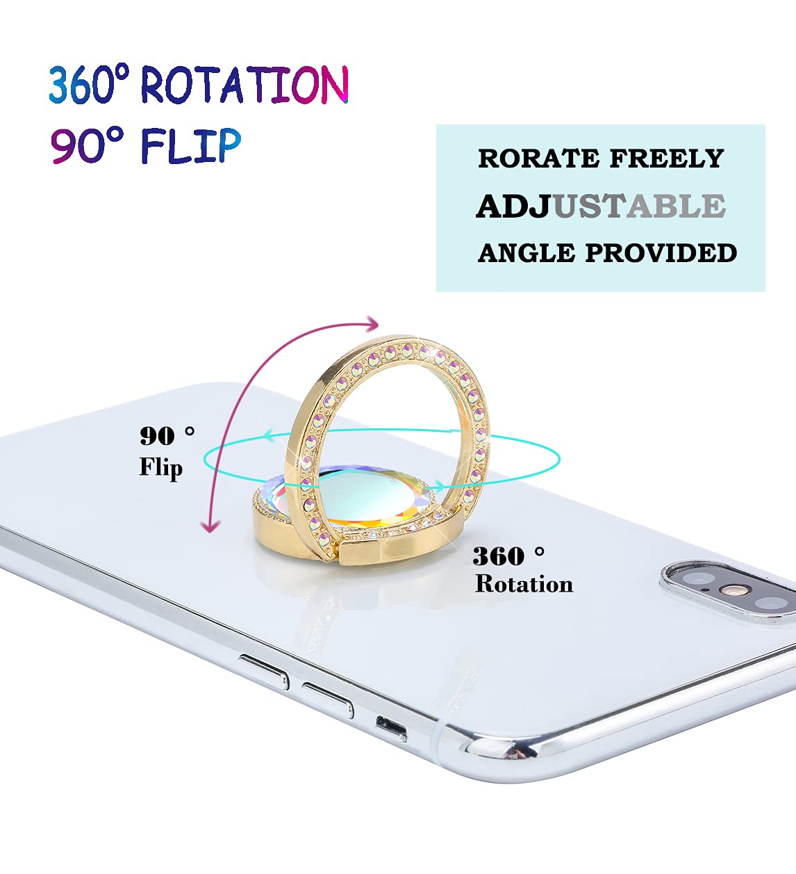Sparkly Glitter Phone Ring Holder with Flat Diamond & Rhinestone - Bling Bling Phone Grip Stand for iPhone, Samsung & Smartphones - Gold (Perfect for Selfies, Videos & Secure Grip)