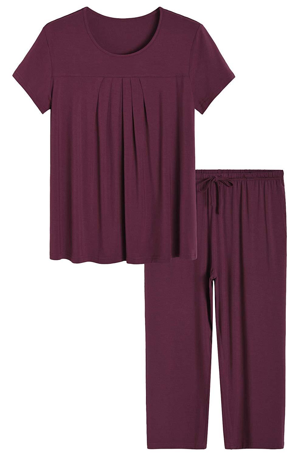 Soft & Breathable Women's Bamboo Pajama Set - Pleated Top & Capri Pants for Comfortable Sleep & Lounge Wear - Perfect for Nighttime Relaxation, Spa Days & Cozy Evenings at Home