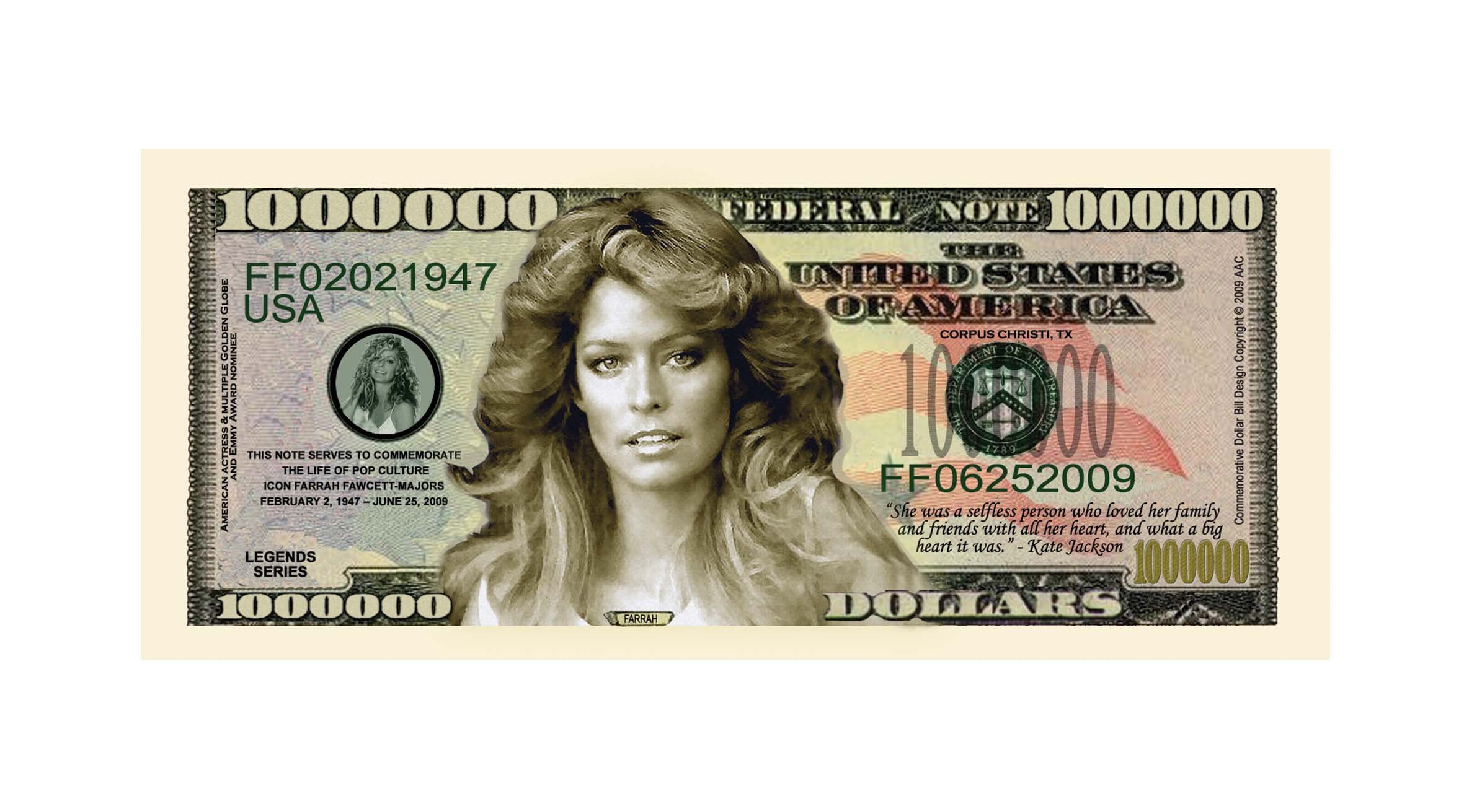 Farrah Fawcett Majors Million Dollar Collectible Novelty Bill - Pack of 100 American Art Classic Replica Bills for Movie Memorabilia, Gift Giving and Party Decorations