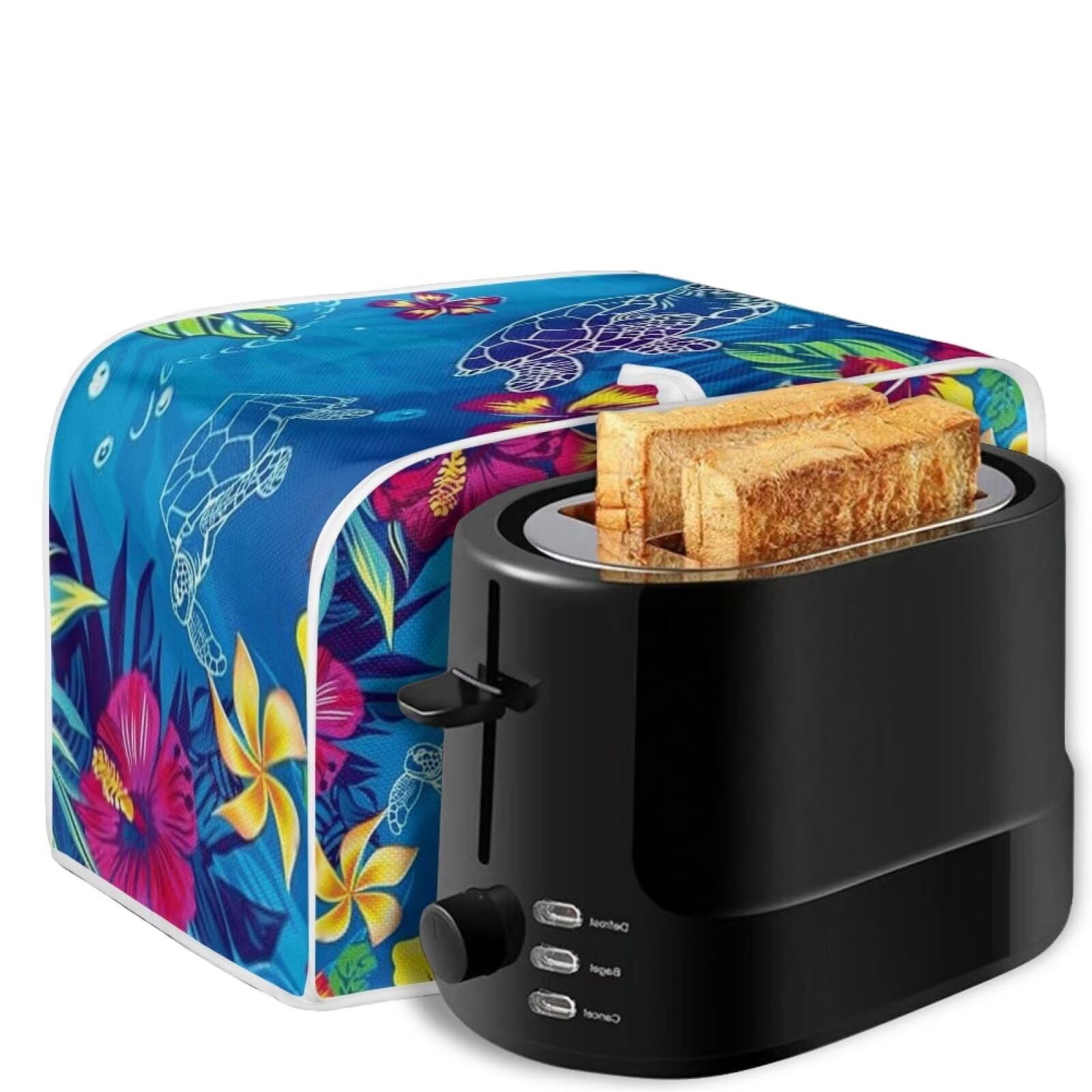 Sea Turtle Bread Toaster Cover 2 Slice - Dustproof & Anti-Fingerprint Toaster Oven Cover - Decorative Kitchen Appliance Protector - Blue Plumeria Design - Perfect for Home, Office, and Dorm Use