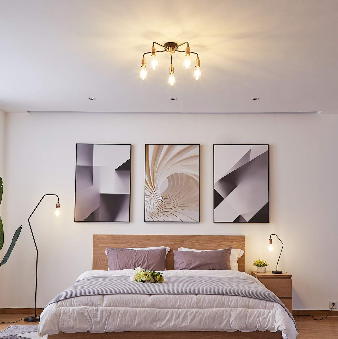 HARPER LIVING E27/ES Semi-Flush Ceiling Light Fixture - Black with Matte Silver Finish, LED Compatible for Energy Saving - Perfect for Living Room, Bedroom, Kitchen, Hallway, Hotel & B&B Lighting - 5-Light Modern Ceiling Lamp for Home & Commercial Spaces (Black & Copper)