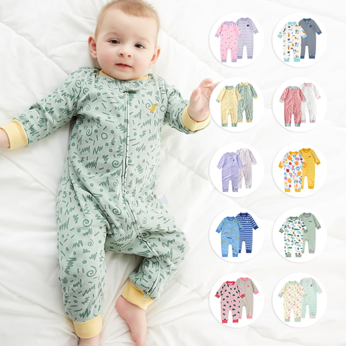 Teach Leanbh Baby 2-Pack 100% Cotton Romper Jumpsuits with Two-Way Zipper - Long Sleeve Footless Sleep and Play Outfits for Newborns & Infants | Perfect for Daycare, Playtime & Comfortable Sleep