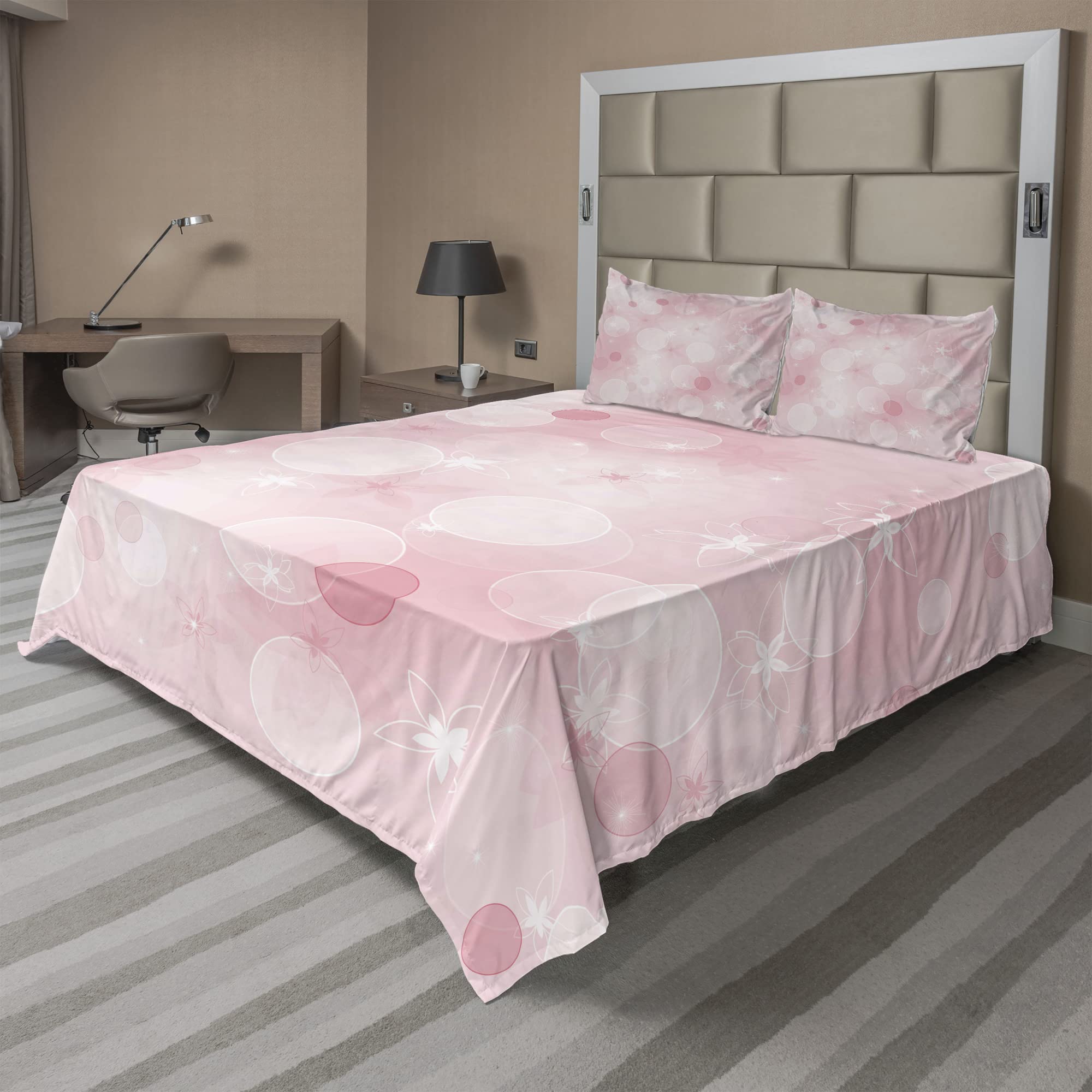 Ambesonne 4-Piece King Size Sheet Set - Pale Pink Floral Bubble Design, Soft & Breathable Bedding with Fitted Sheet, Flat Sheet & Pillowcases | Perfect for Romantic Bedrooms, Guest Rooms & Cozy Home Decor