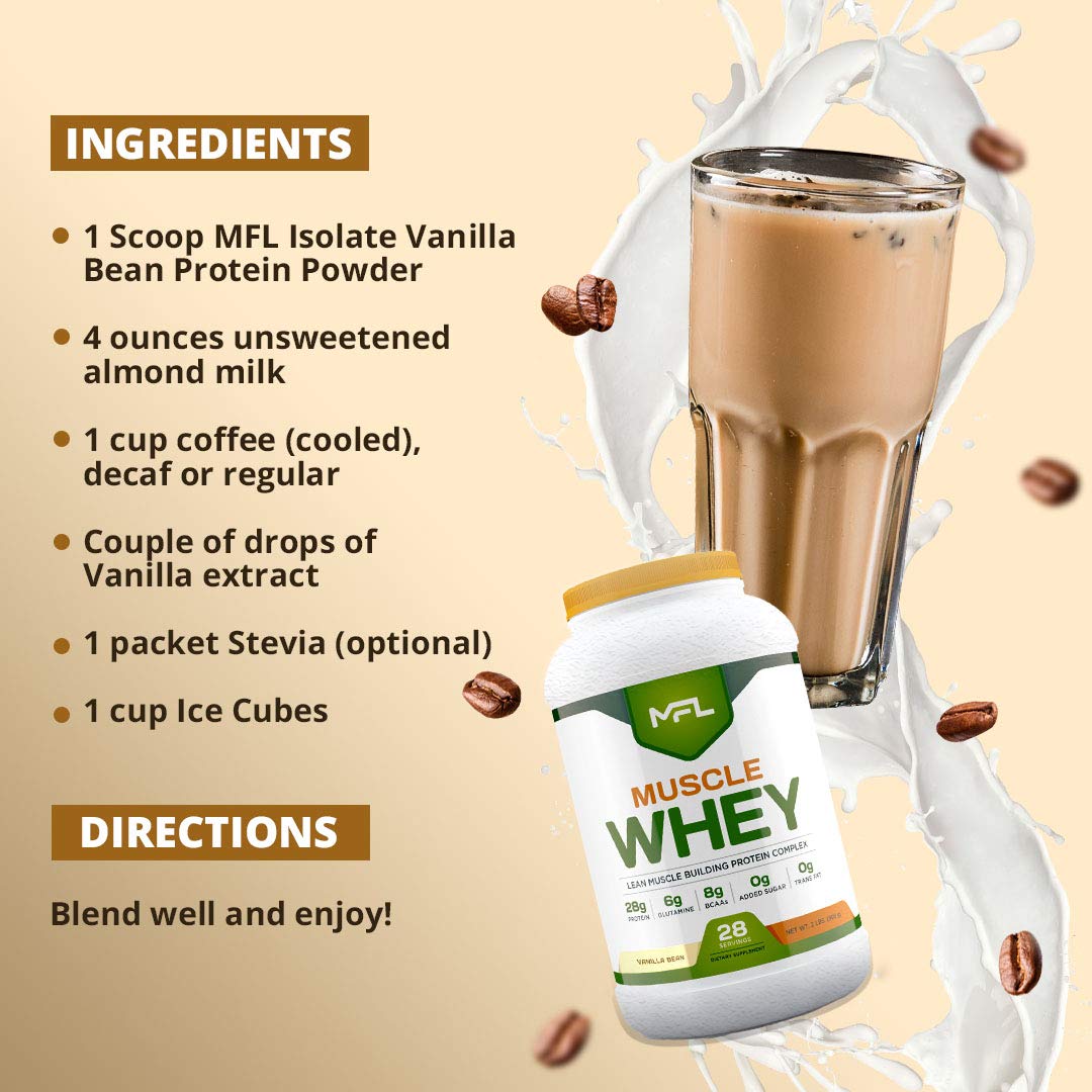 MFL Muscle Whey Protein Powder - 28g Protein, 8g BCAAs, Keto & Low Carb Friendly - 2lb Vanilla Bean Flavor for Post-Workout Recovery & Muscle Building