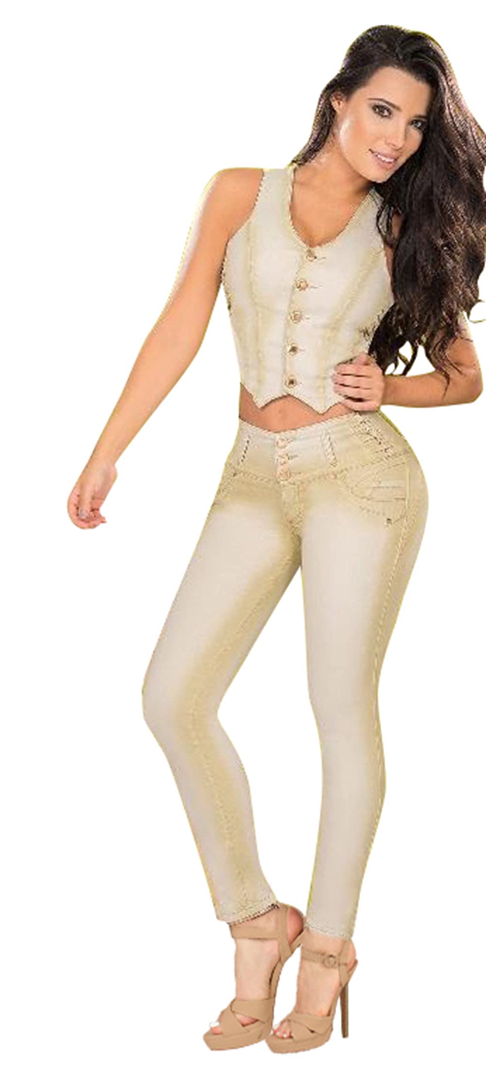 Golden Colombian Butt-Lifting High Waist Jeans & Matching Button Up Blouse Set - Perfect for Date Night, Clubbing & Bodycon Outfits