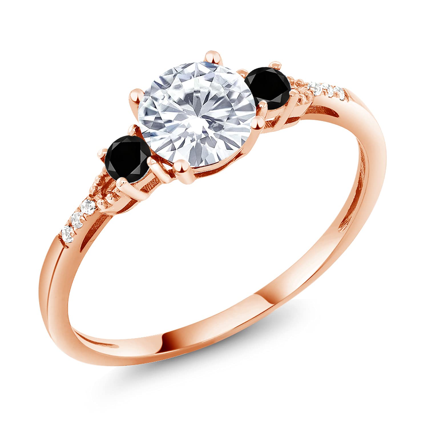 10K Rose Gold Moissanite Black & White Diamond 3-Stone Engagement Ring for Women - 0.97 CTTW, 6MM Round Cut (Perfect for Proposals, Anniversaries & Special Occasions)