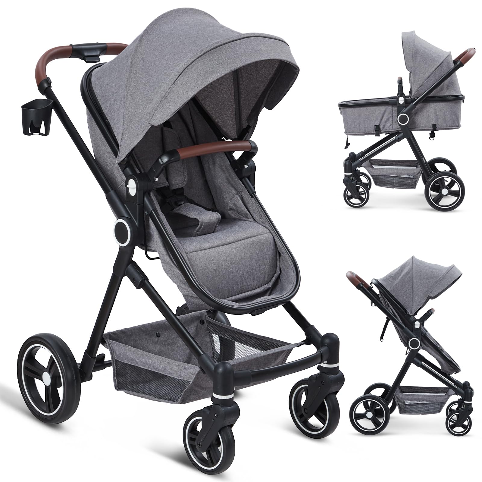 2 in 1 Convertible Baby Stroller for Newborn to Toddler (0-3 Years) - Lightweight Travel Stroller with Removable Bassinet & Shock Absorption Wheels | Large Storage Basket & Cup Holder | Perfect for Shopping, Travel & Daily Walks