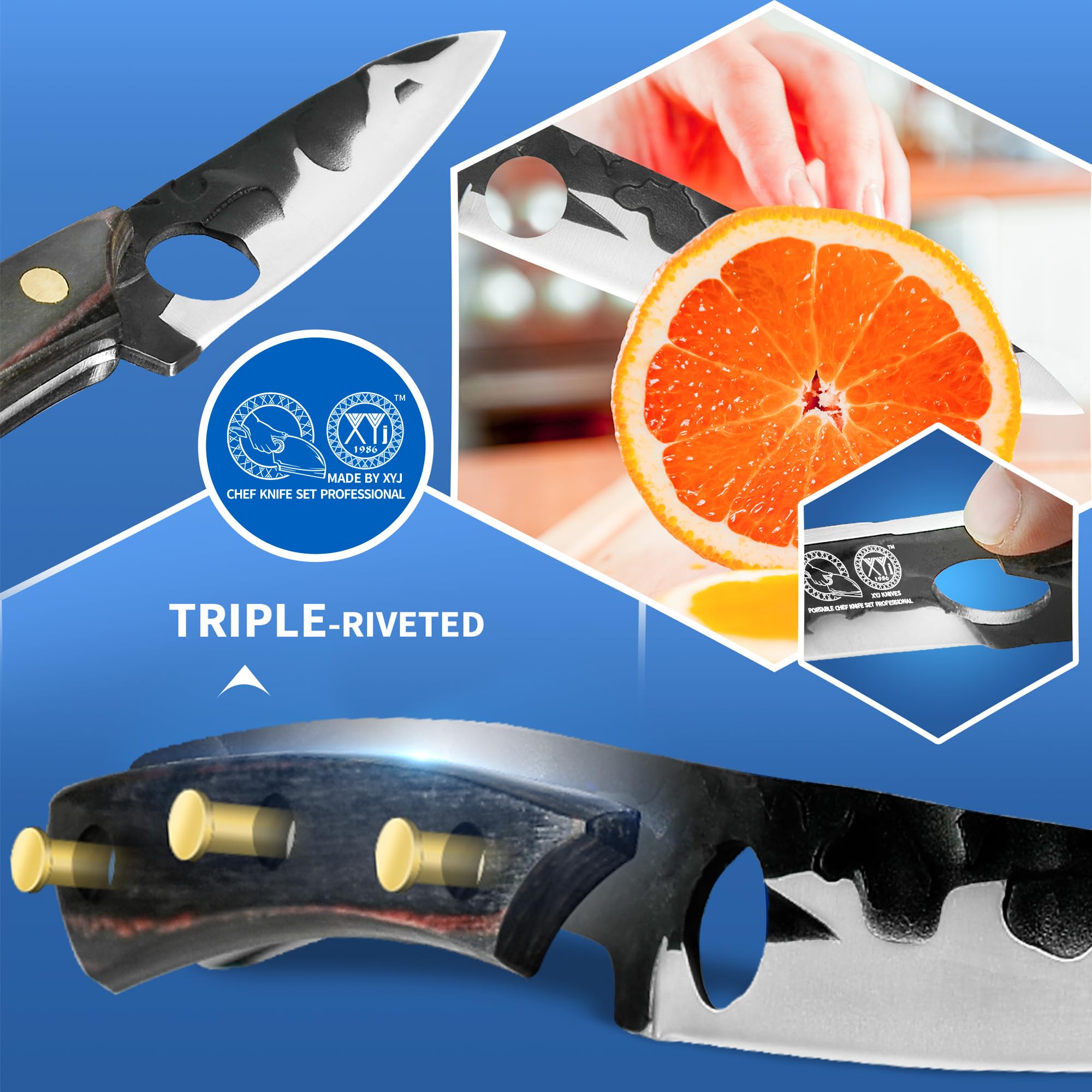 XYJ Professional Kitchen Knife Set - 6-Piece High-Carbon Stainless Steel Forged Chef Knives with Full Tang Design (Chef Knife, Cleaver, Carving Knife, Nakiri) Includes Carrying Case & Poultry Shears - Perfect for Home Cooking, Professional Chefs & Culinary Enthusiasts