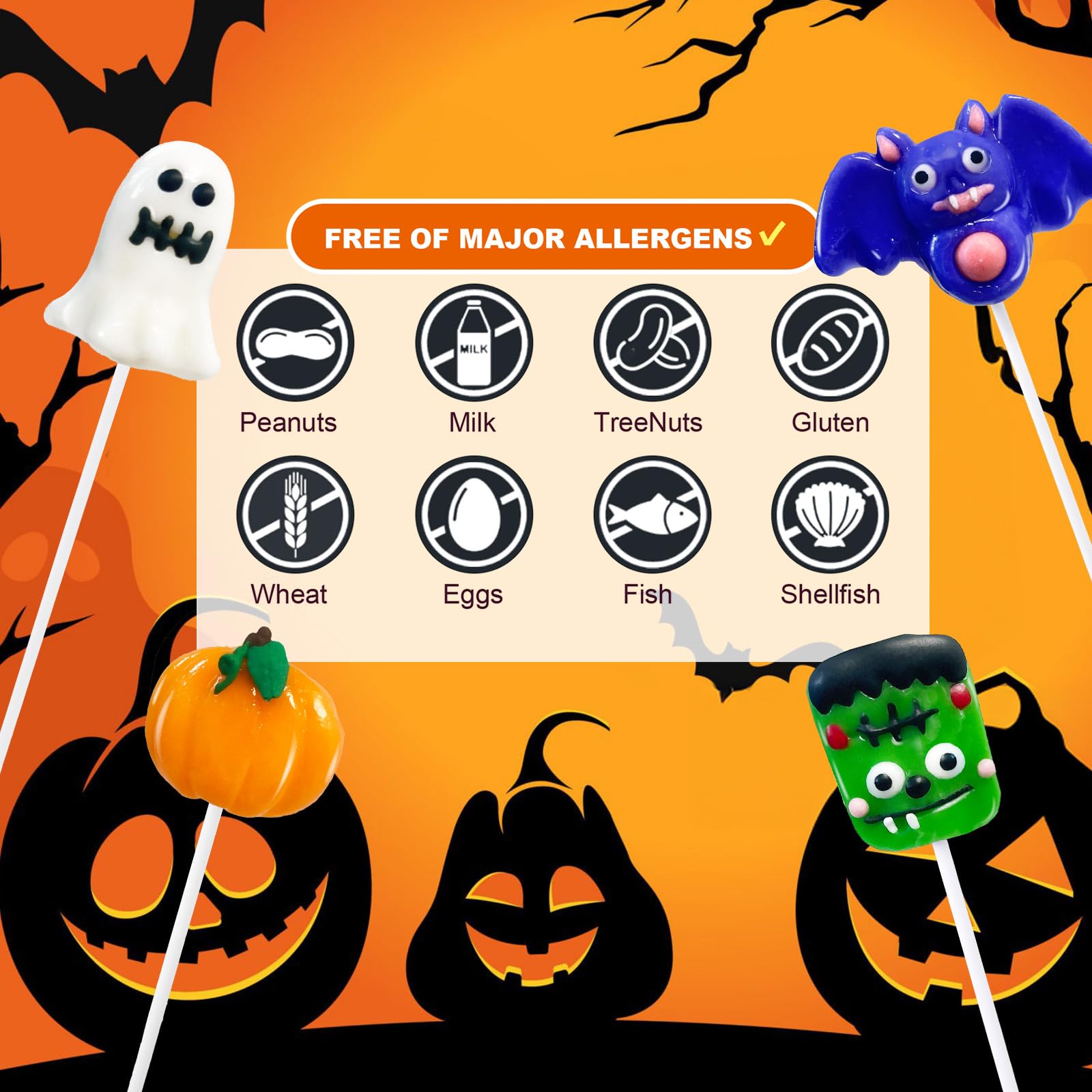 Halloween Lollipop Suckers Candy 24 Pack - Assorted Spooky Shapes (Pumpkin, Green Monster, Bat) - Individually Wrapped for Trick or Treat, Party Favors, Goody Bags & Halloween Celebrations