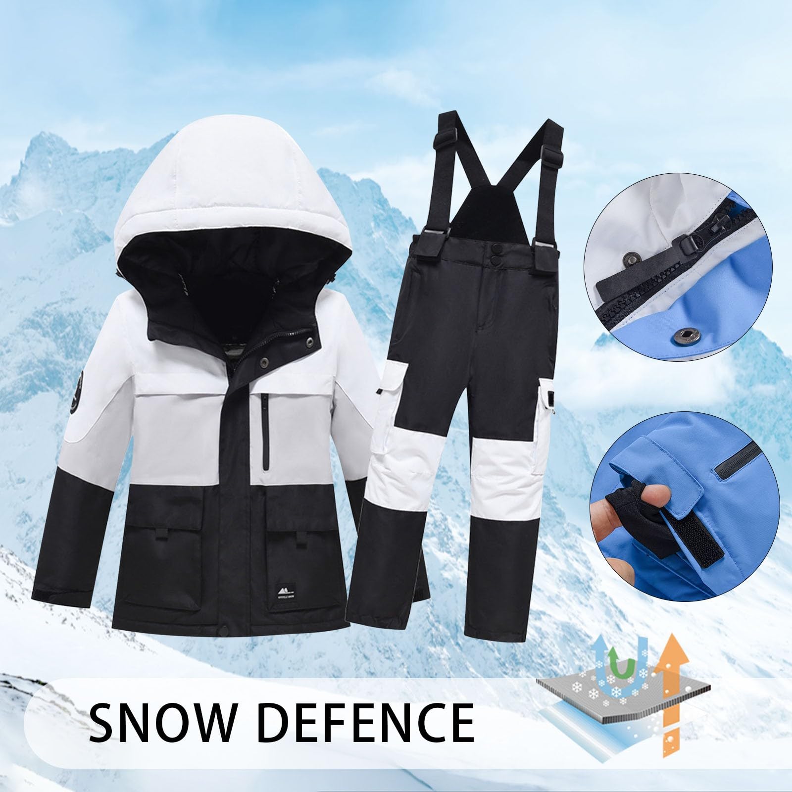 Kids Boys Girls Ski Suit - Winter Warm Thickened Velvet Windproof Waterproof Snowsuit for Toddlers & Children - Perfect for Skiing, Snowboarding & Outdoor Winter Play
