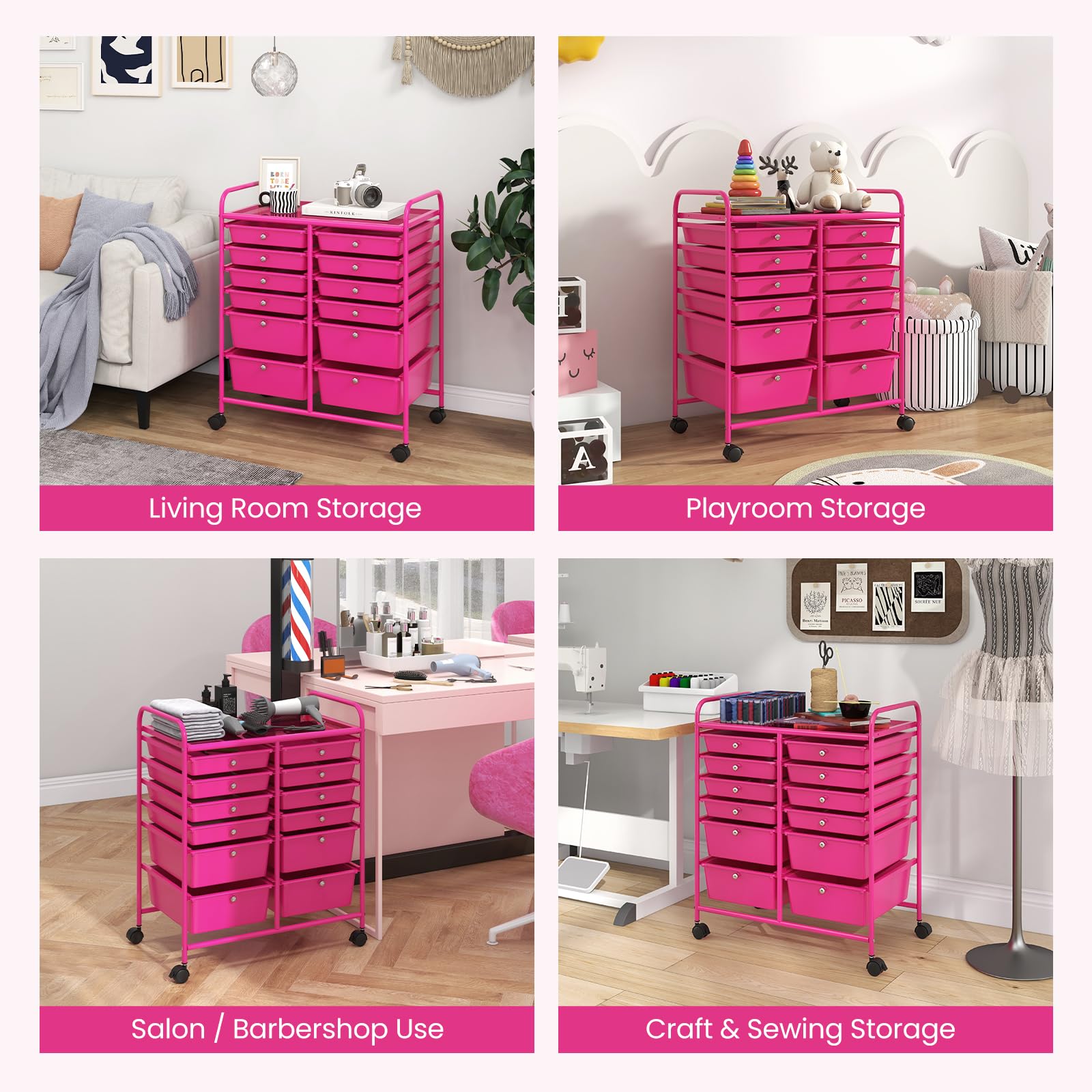 RELAX4LIFE 12-Drawer Rolling Craft Storage Cart with Wheels - Mobile Organizer for Art Supplies, Office, School & Beauty Salon - Pink Utility Cart for Easy Access & Space Saving Organization