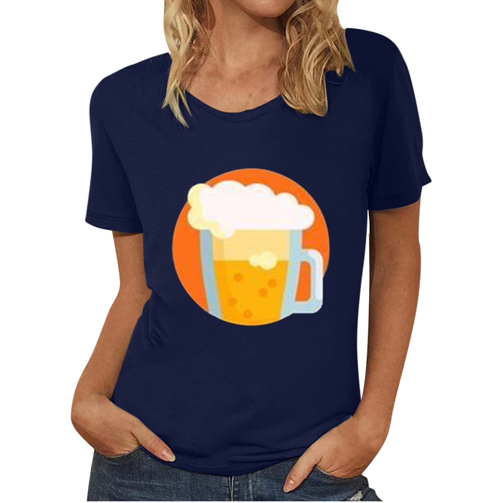 Oktoberfest Women's Summer Tops - Cute Beer Print Tunic Blouse Short Sleeve Crewneck T-Shirt | Perfect for Beer Festivals, German Themed Parties & Casual Summer Outfits