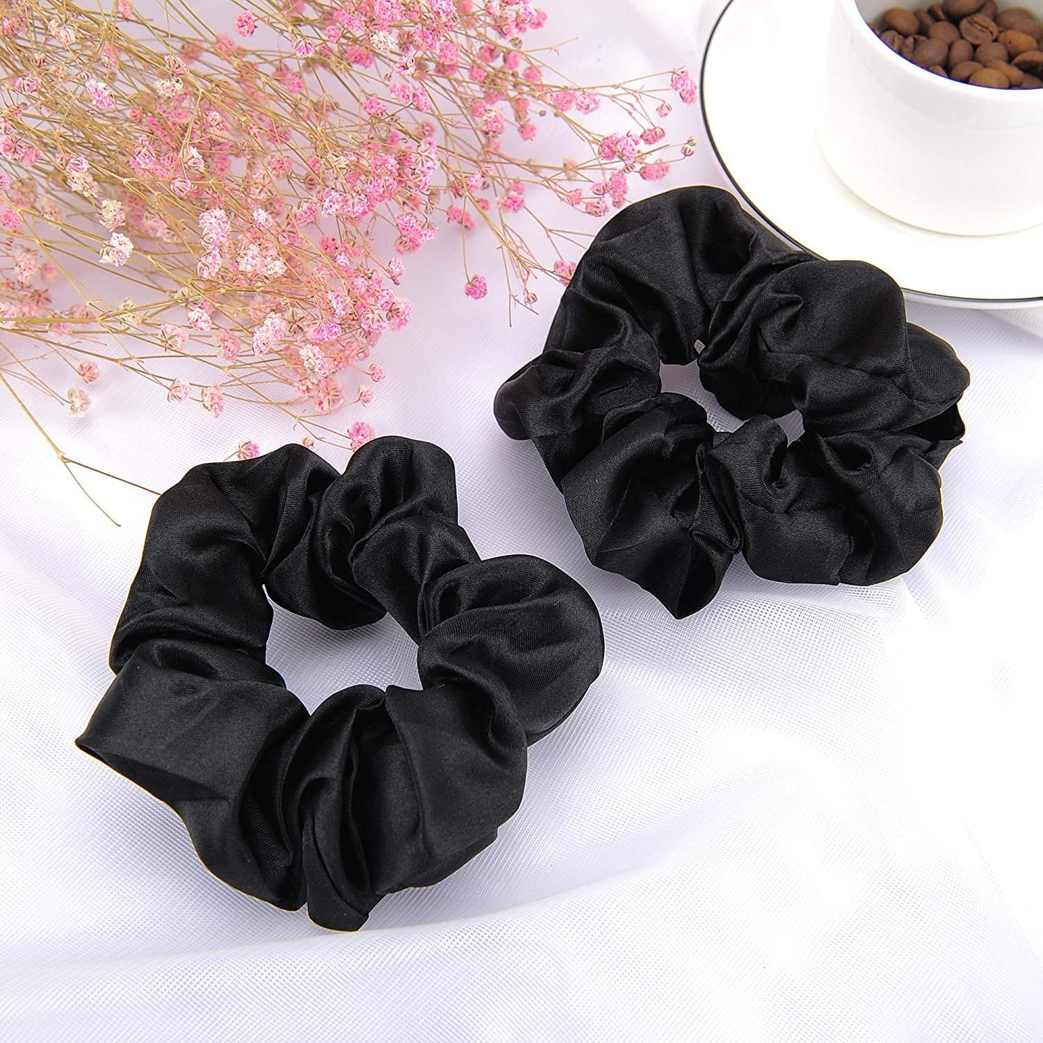 FAMEZA 10 Pcs Black Satin Hair Scrunchies - Soft Elastic Hair Bands for Women & Girls - No Damage Hair Ties for Ponytails, Buns & Braids - Perfect Hair Accessories for Work, Gym & Everyday Use