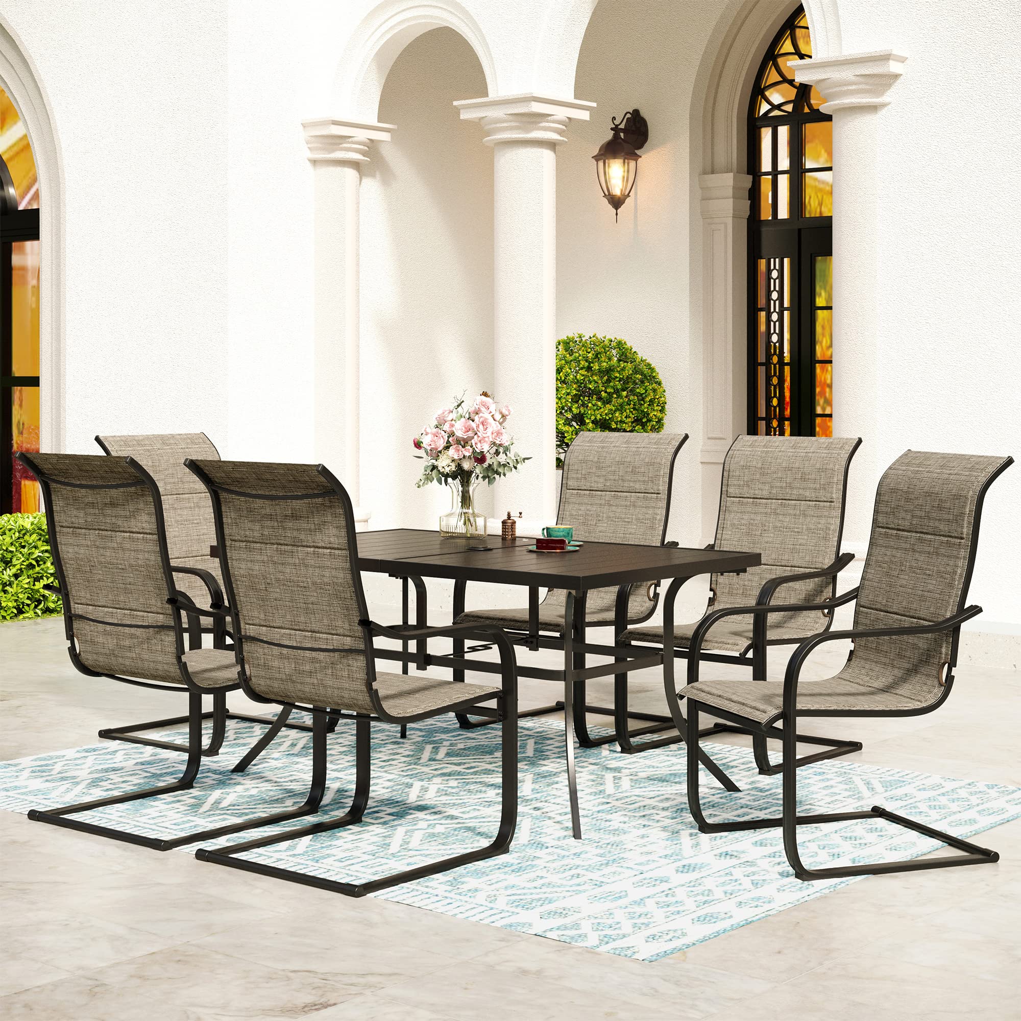 7-Piece Outdoor Patio Dining Set for 6 People - Black Weather-Resistant Table & 6 Textilene C Spring Chairs - Perfect for Backyard, Deck, Garden & Poolside Gatherings