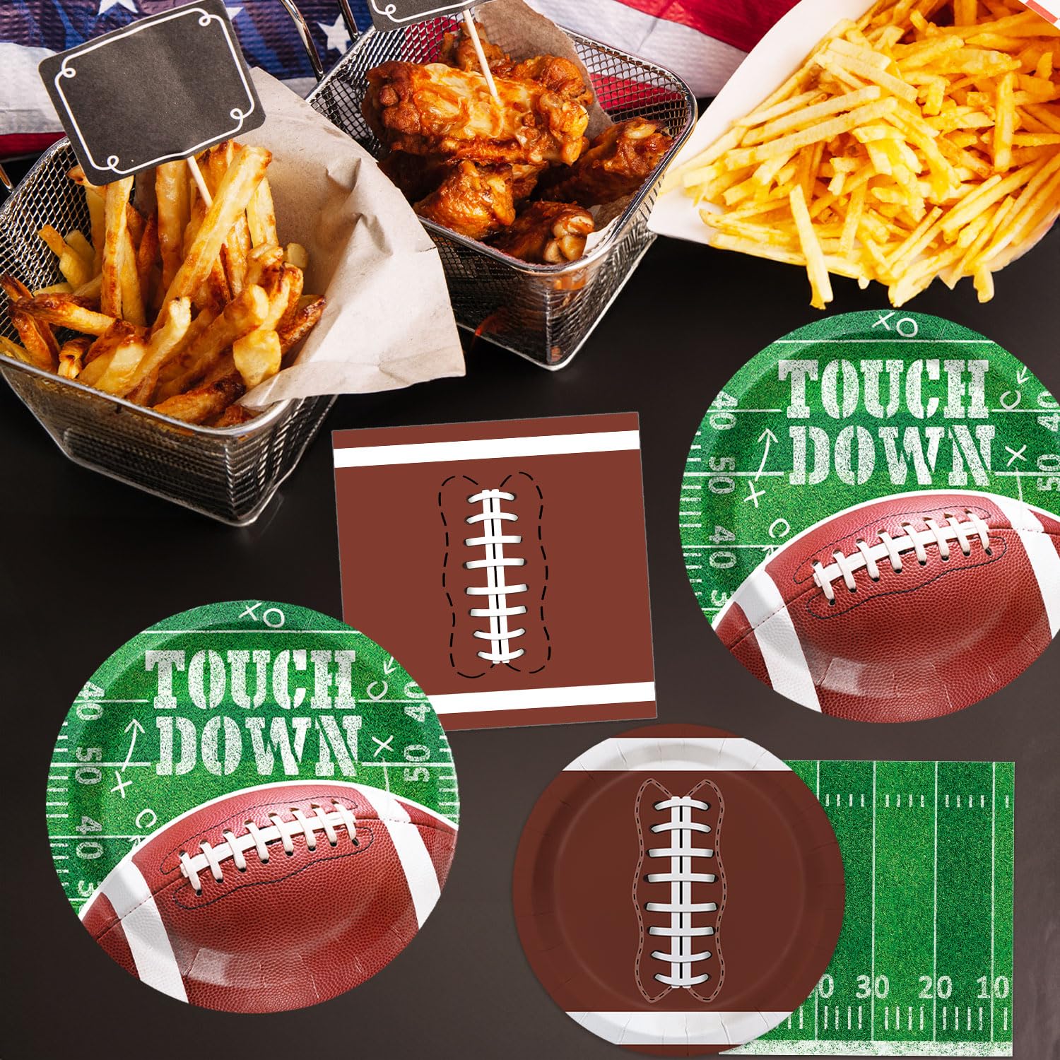 Football Party Supplies Kit for 50 Guests - Touchdown Dinner Plates, Dessert Plates & Napkins Set - Green, White & Brown - Perfect for Game Day Tailgates, Sports Events & Football Themed Parties