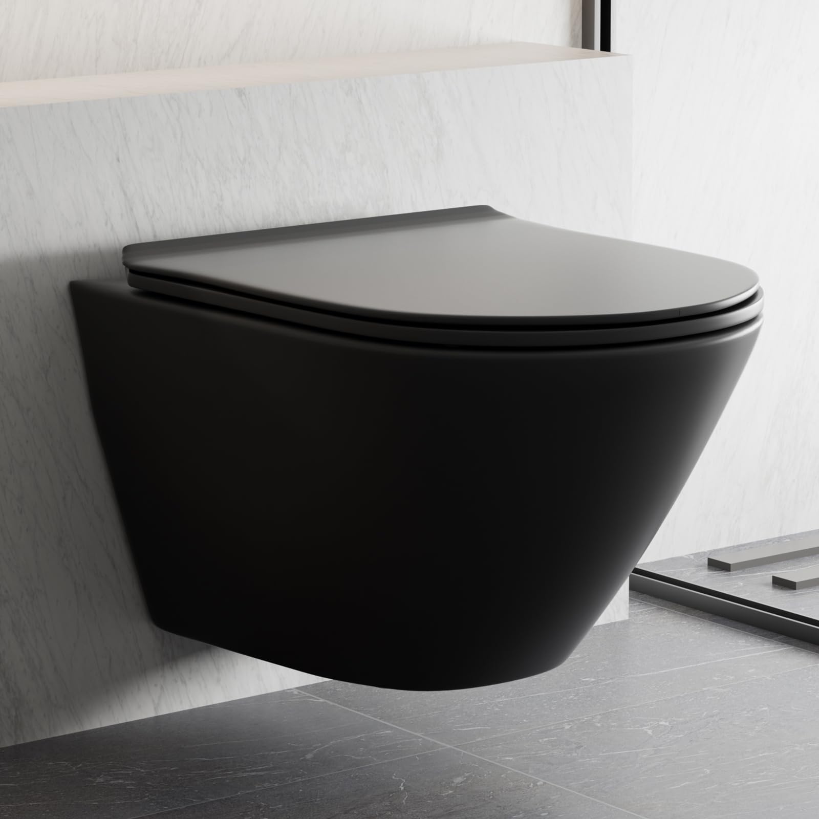 Wall Mounted Compact Round Toilet Bowl - Rear Outlet Back to Wall Toilet System with Soft Close Seat in Matte Black | Space-Saving Bathroom Solution for Small Bathrooms, Modern Homes & Commercial Spaces
