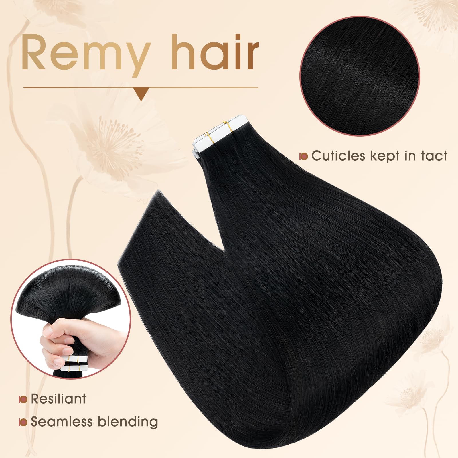 Premium 14 Inch Tape in Hair Extensions - 10Pcs Jet Black Remy Human Hair (15g) for Natural Volume & Length | Perfect for Weddings, Parties & Daily Styling