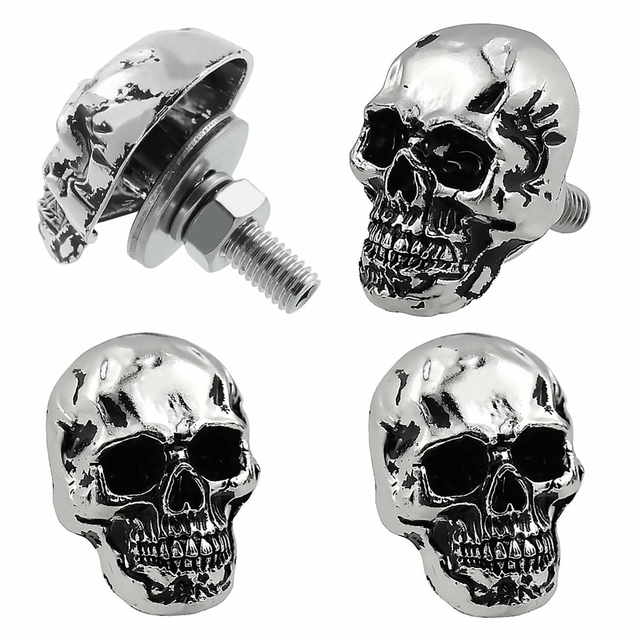 Universal Skull License Plate Screw Fastener Kit - 4Pcs Decorative Metal Bolts for Cars, Trucks & Motorcycles - Durable Silver Finish - Easy Installation Accessories for Vehicle Customization & Personalization
