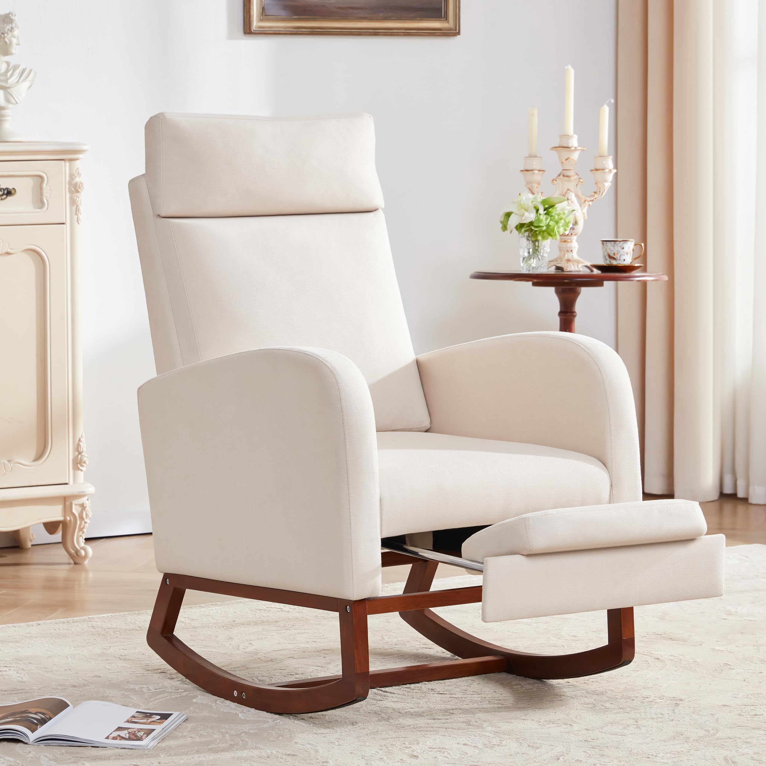 Comfortable Nursery Rocking Chair with Footrest & High Back - Baby Glider Rocker with Storage Pocket - Perfect for Nursing, Nursery & Living Room (Linen Beige) | Ideal for Breastfeeding, Baby Care & Relaxation
