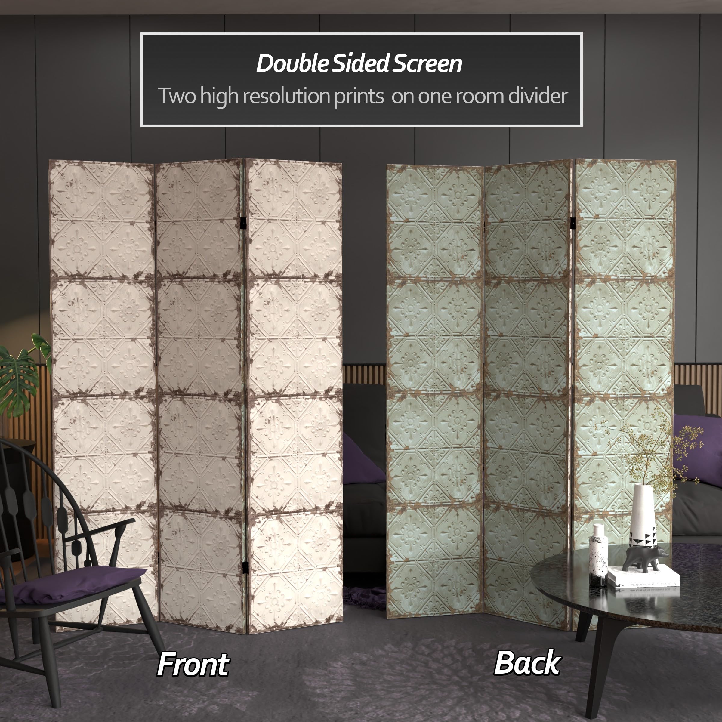 6 ft. Tall Double Sided Antique Grey Canvas Room Divider - Red Lantern Folding Screen for Home Office, Living Room & Bedroom Partition