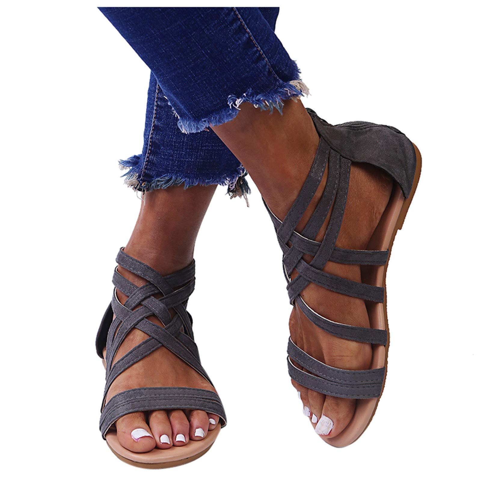 Nihewoo Women's Flat Sandals - Roman Strappy Gladiator Sandals for Beach, Party & Dress Occasions | Comfortable Zipper Sandals for Teens & Girls | Perfect for Summer, Vacation & Casual Wear