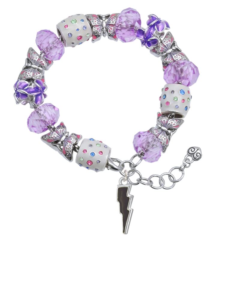 Delight Jewelry Silvertone Enamel Lightning Bolt Purple Butterfly Bead Charm Bracelet - Adjustable 7
