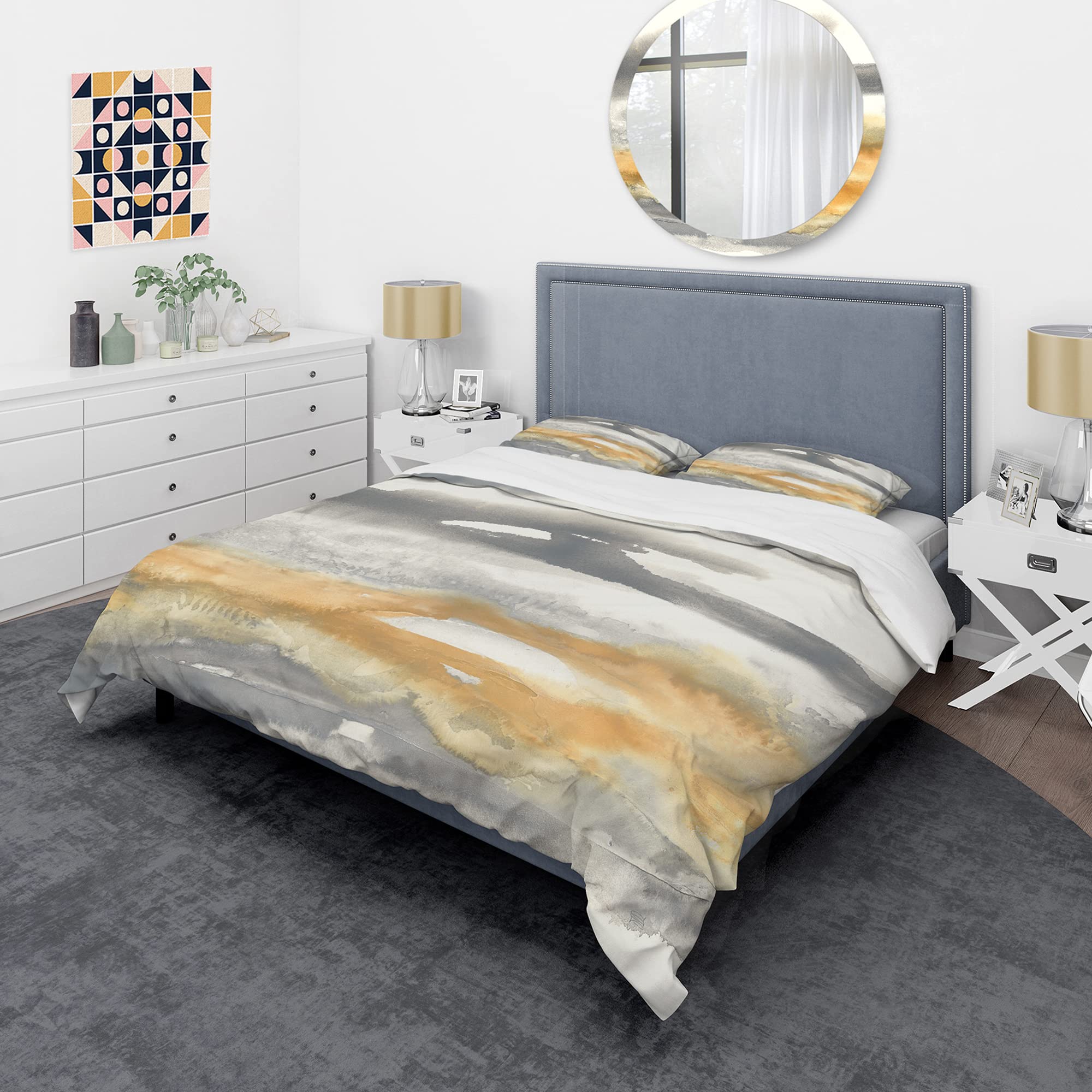 DesignQ Gold Glamour Direction Modern Contemporary Duvet Cover Set - King Size Grey Abstract Bedding 3-Piece Set | All Season Luxury Bedding for Master Bedroom & Guest Room Decor