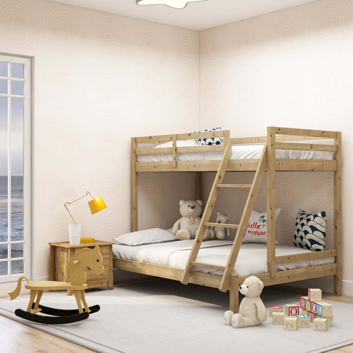 Solid Wood Kids Bunk Bed - Twin Over Full Natural Finish for Bedrooms, Guest Rooms & Vacation Homes