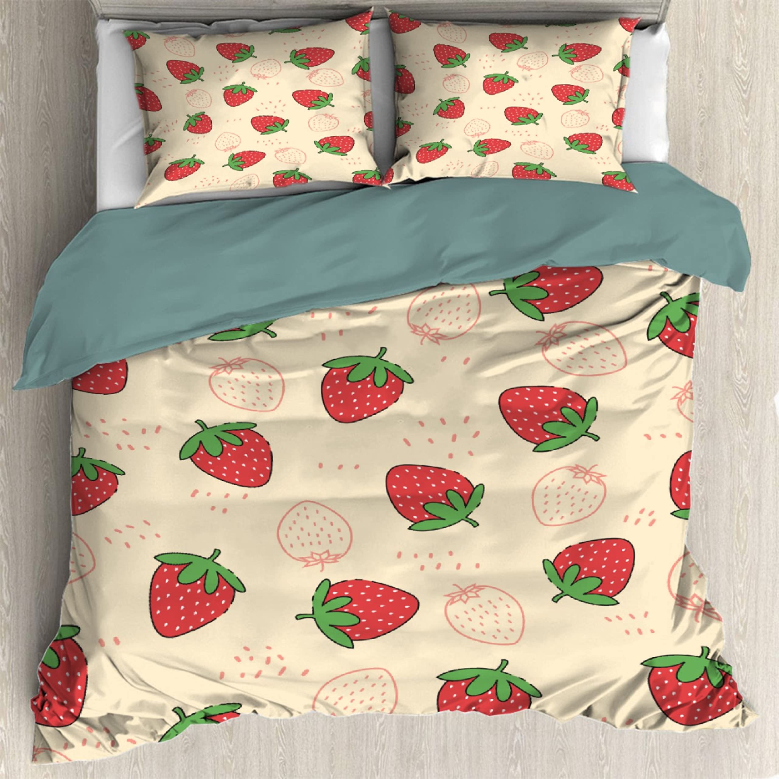 Cute Pink Strawberry Duvet Cover Set - Soft Cozy Cartoon Fruit Bedding for Girls & Women - Twin/Queen Size 90x90in with 2 Pillowcases - Perfect for Kawaii Bedroom Decor, Kids Room & Gift Ideas