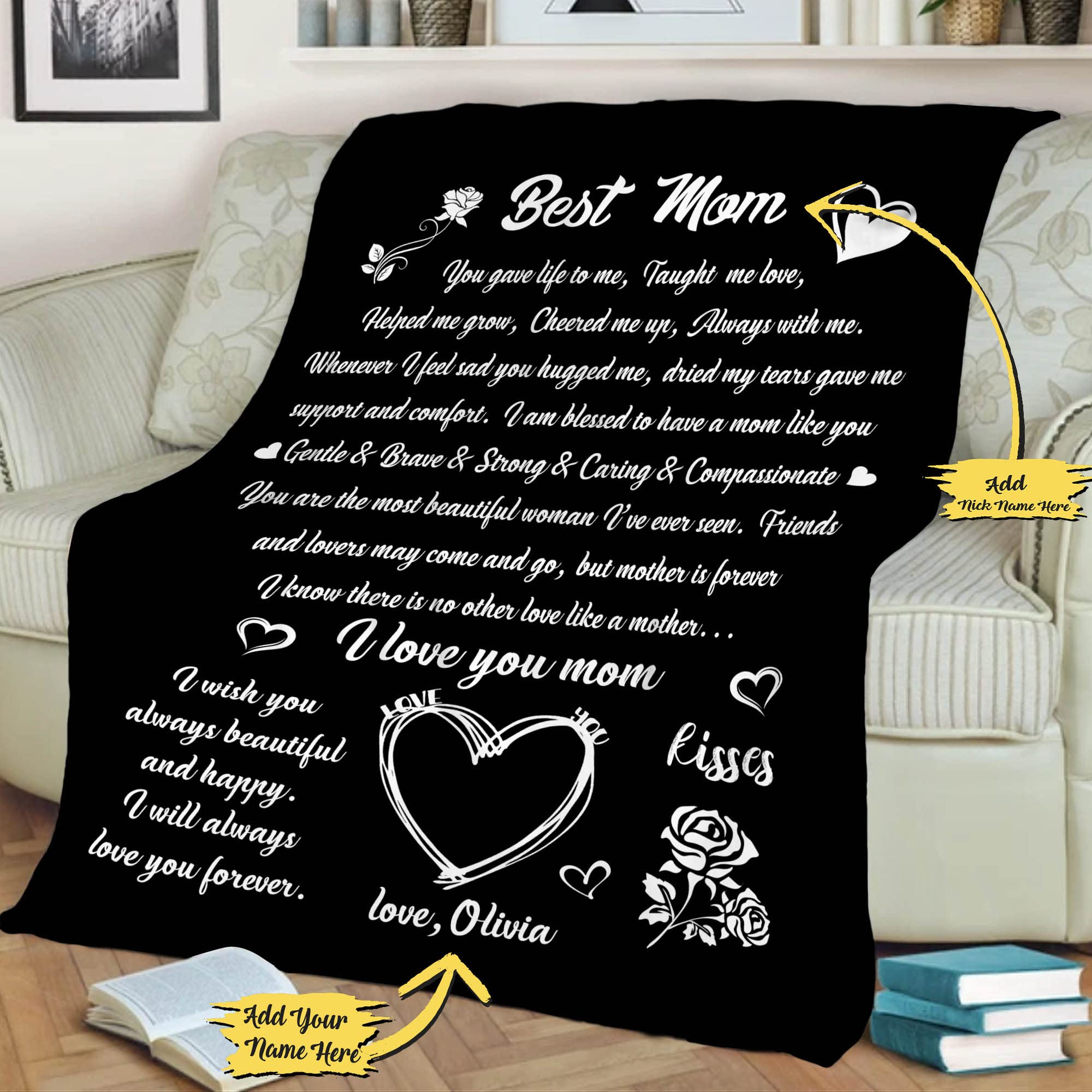 Personalized Mom Blanket - Custom Name Fleece or Sherpa Throw - Best Mother's Day, Birthday & Christmas Gift from Daughter/Son - USA Made Cozy Blanket for Cuddling, Home Decor & Special Occasions