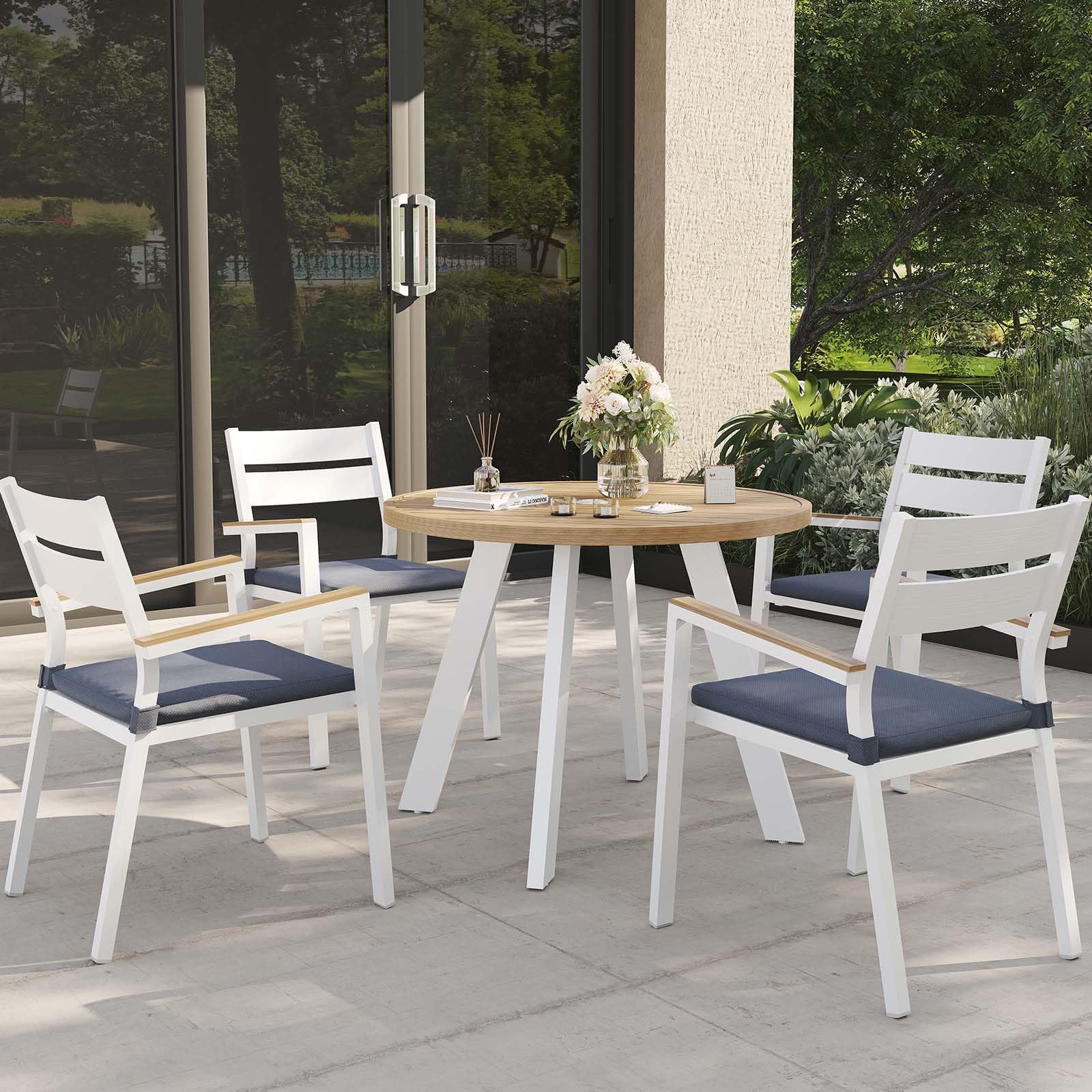 JOIVI 5-Piece Outdoor Dining Set - Aluminum Patio Furniture with Wood Grain Tabletop & Stackable Chairs for 4 People, Includes 2.05