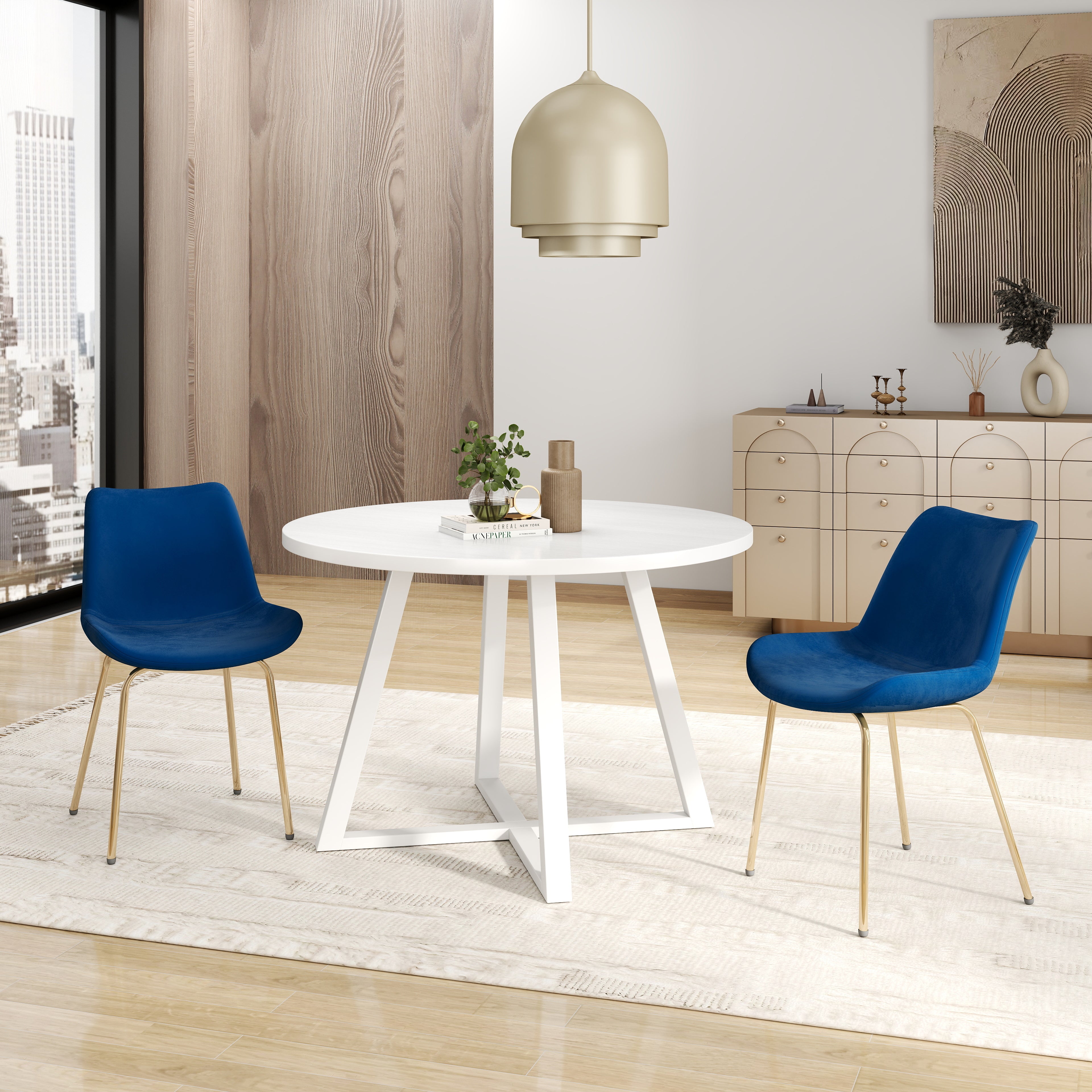 Roundhill Furniture Avant Round Dining Set - 3 Piece Trestle Table with 2 Side Chairs for Kitchen, Breakfast Nook & Small Space Dining | Modern Round Dining Room Furniture