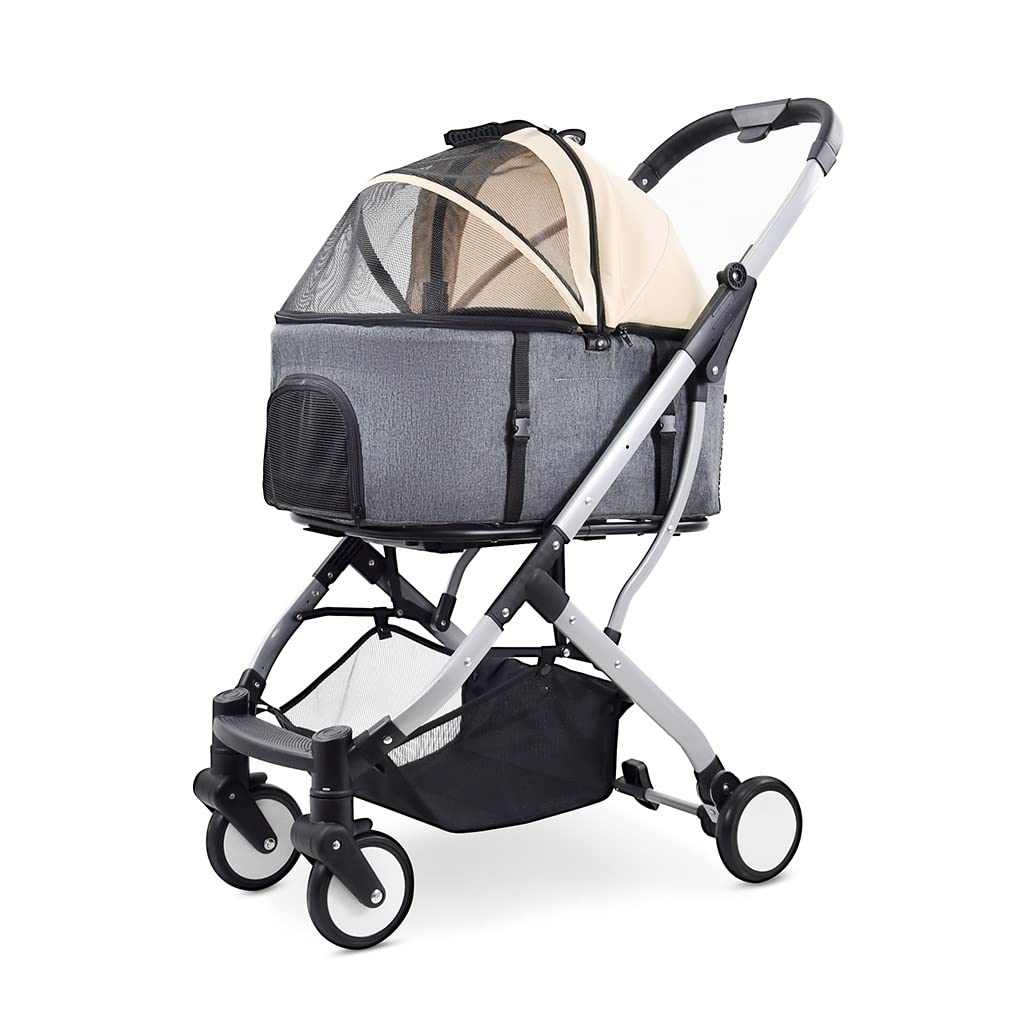 Foldable Detachable Pet Stroller for Cats and Dogs - Lightweight Travel Carrier for Small & Medium Pets (Beige, 31.5