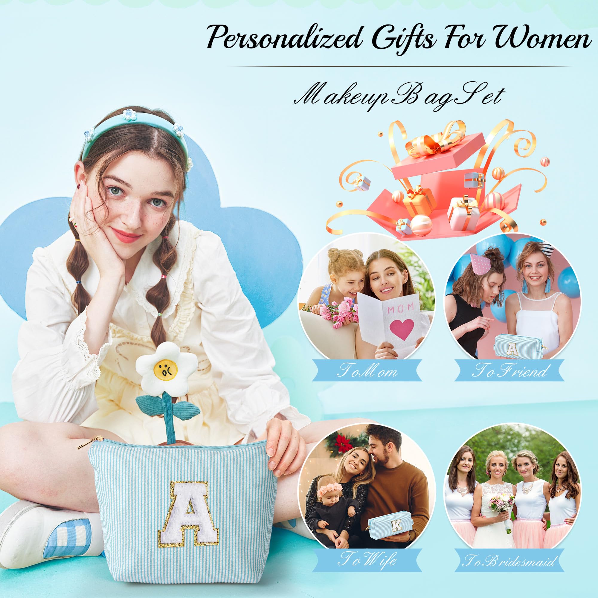 YOOLIFE Cute Personalized Makeup Bag for Girls & Women - Initial A Cosmetic Pouch for Teens | Best Bridal Shower, Birthday Gift for 3-13 Year Old Girls | Perfect for Travel, School & Daily Beauty Organizer