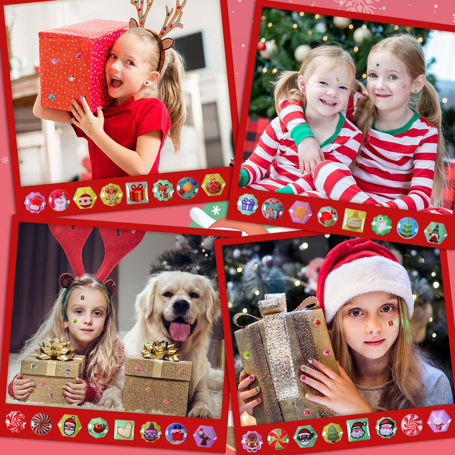 240Pcs AUGSUN Christmas Stickers Earrings for Girls - 3D Glitter Gems Self-Adhesive Sticky Earrings | Holiday Party, Gift Exchange & Festive Accessories