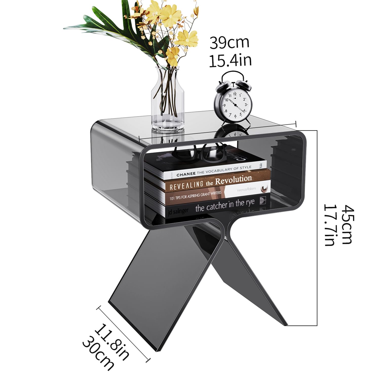 Modern Clear Acrylic Nightstand Side Table - Minimalist End Table for Bedroom, Living Room & Office - Sleek Black Home Decor Display Shelf with Storage