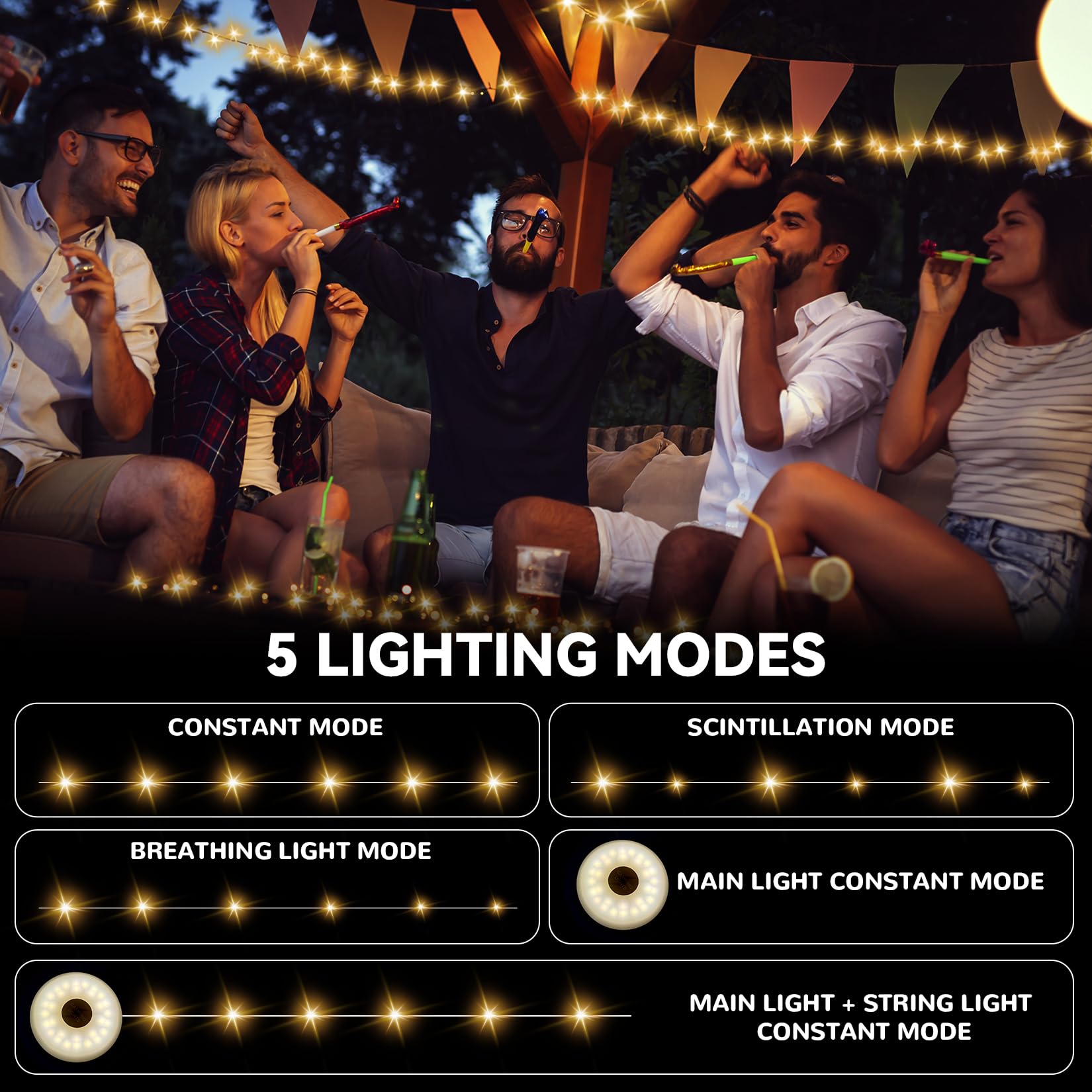 26.2ft Outdoor Camping String Lights - Warm White LED Fairy Lights with 5 Lighting Modes, Rechargeable & Waterproof for Hiking, Tent, Party, Festival Decor - Perfect for Backyard, Patio, Garden and Indoor Home Decoration