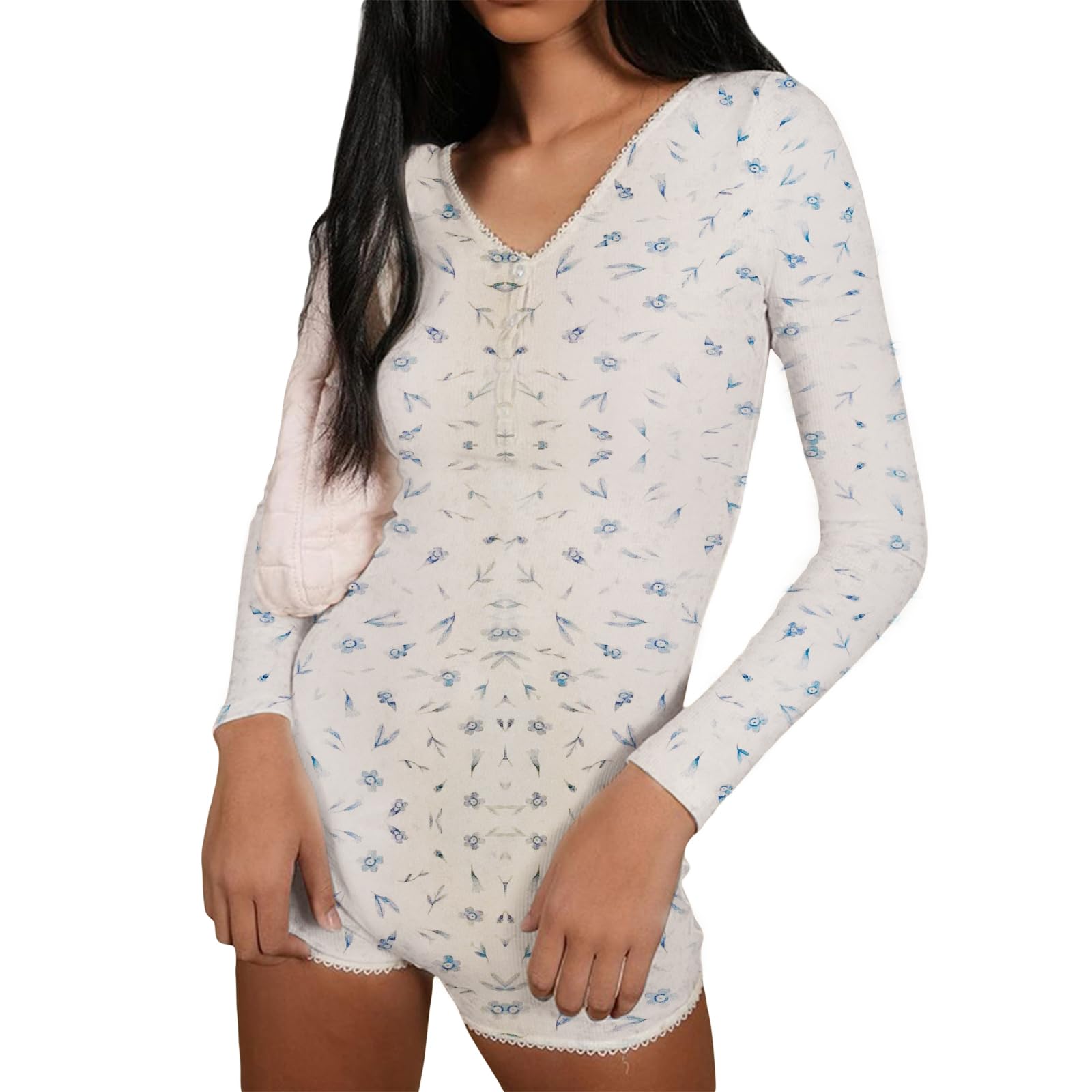 Karwuiio Women's Y2K Slim Fit Romper - V Neck Button Down Long Sleeve Floral Jumpsuit Shorts Bodysuit | Sexy Casual Outfit for Dating, Parties & Summer Fashion