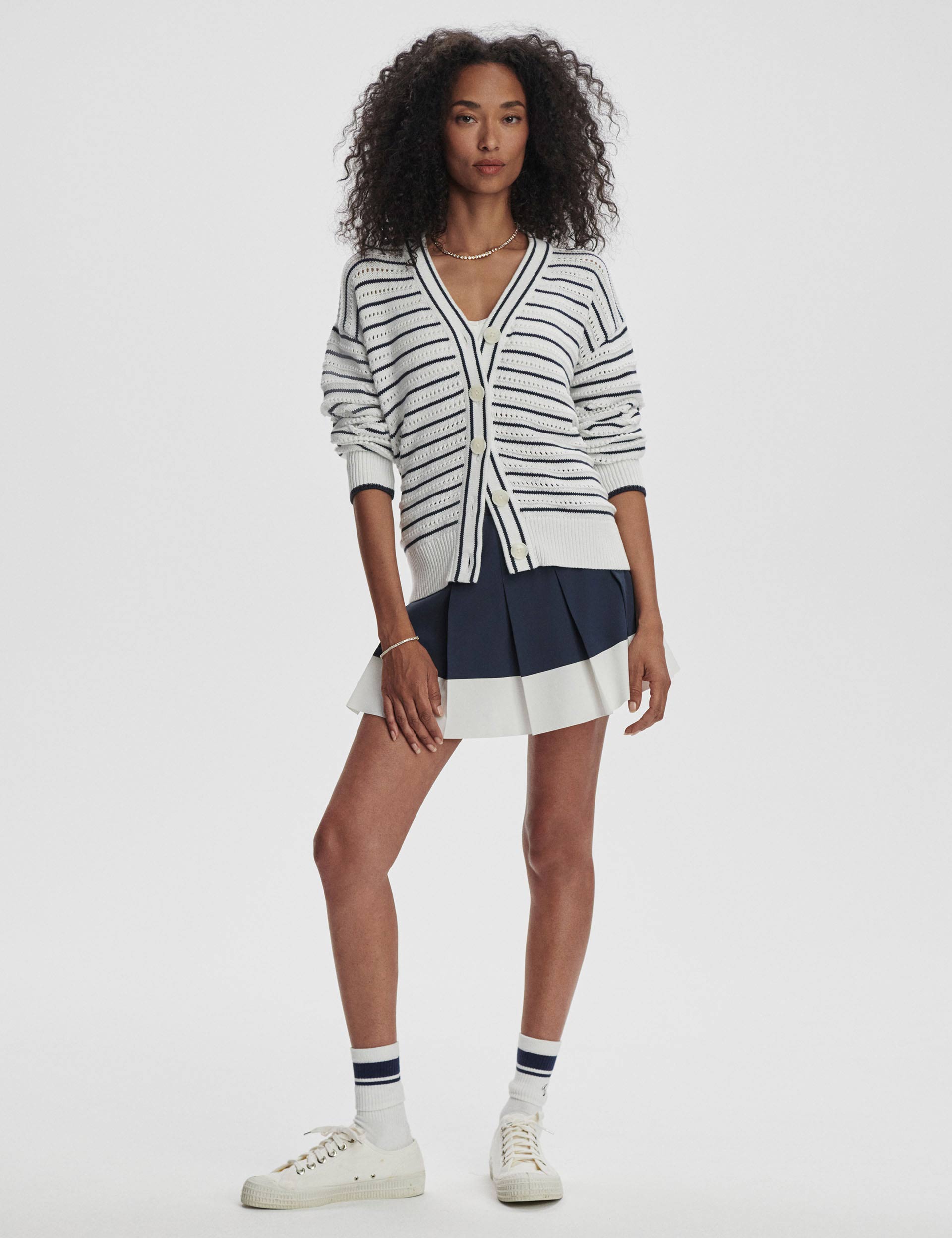 Antonia Relaxed Cardigan for Women - Soft Knit Open Front Sweater in White & Blue Nights - Perfect for Casual Wear, Office & Cozy Evenings
