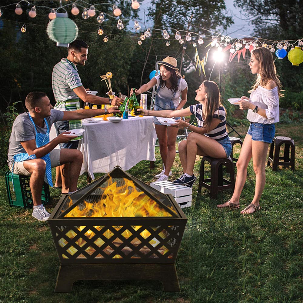 26-Inch Heavy-Duty Steel Square Fire Pit with Flame-Retardant Mesh Screen - Portable Outdoor Fire Pit for Camping, Backyard, Patio - Includes Poker Tool & Cover - Perfect for Outdoor Heating, S'mores & Gatherings