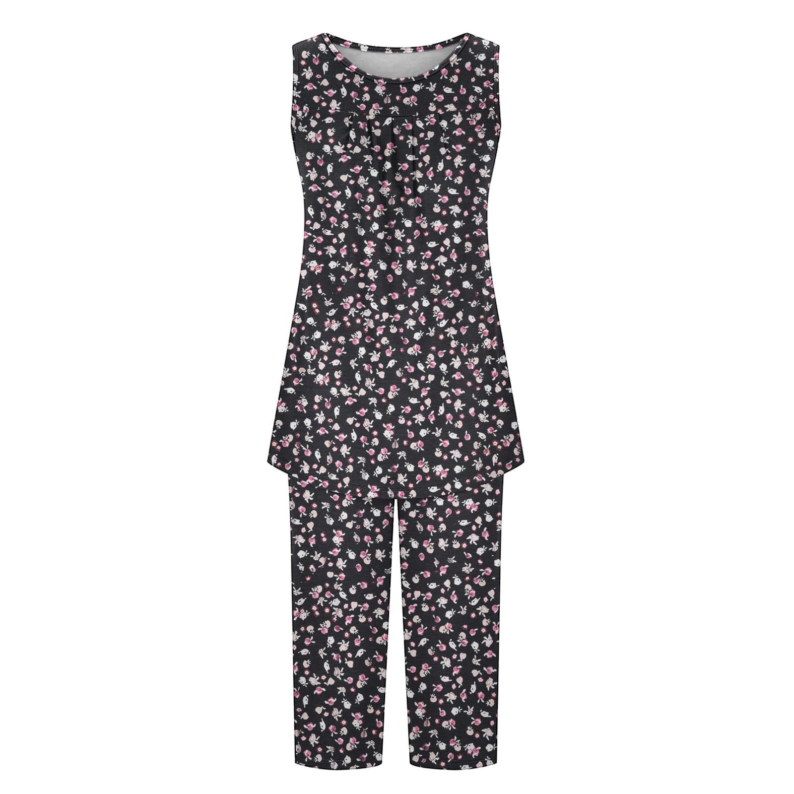 Women's 2-Piece Floral Print Pajama Set - Sleeveless Tank Top & Capri Pants | Soft Summer Sleepwear & Lounge Wear for Comfortable Nights & Relaxing at Home