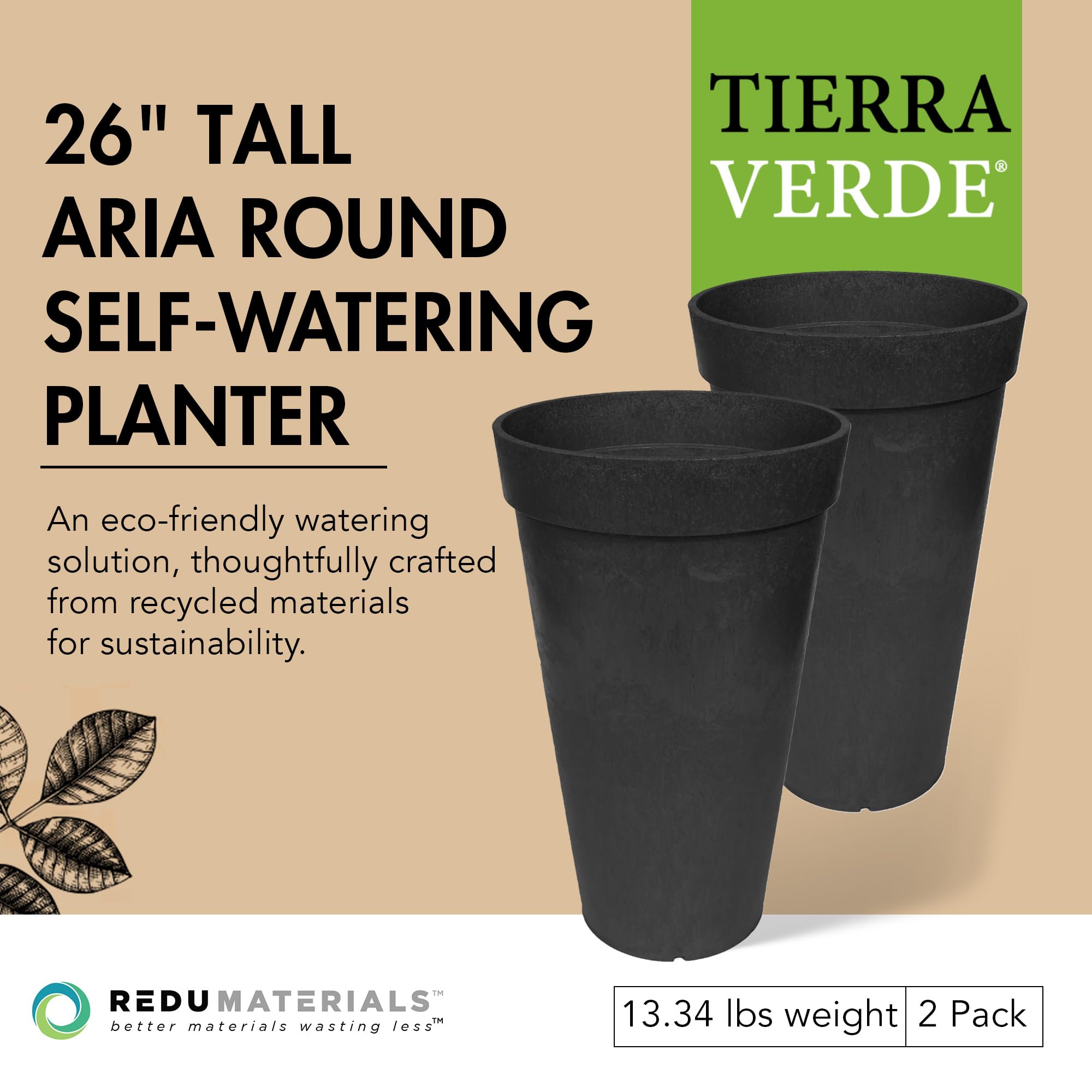 TierraVerde 2 Pack Aria Round Planter - Indoor/Outdoor Self Watering Flower Pots, 15 Inch Wide x 26 Inch Tall, Black - Perfect for Home Decor, Garden, Patio & Office Plants