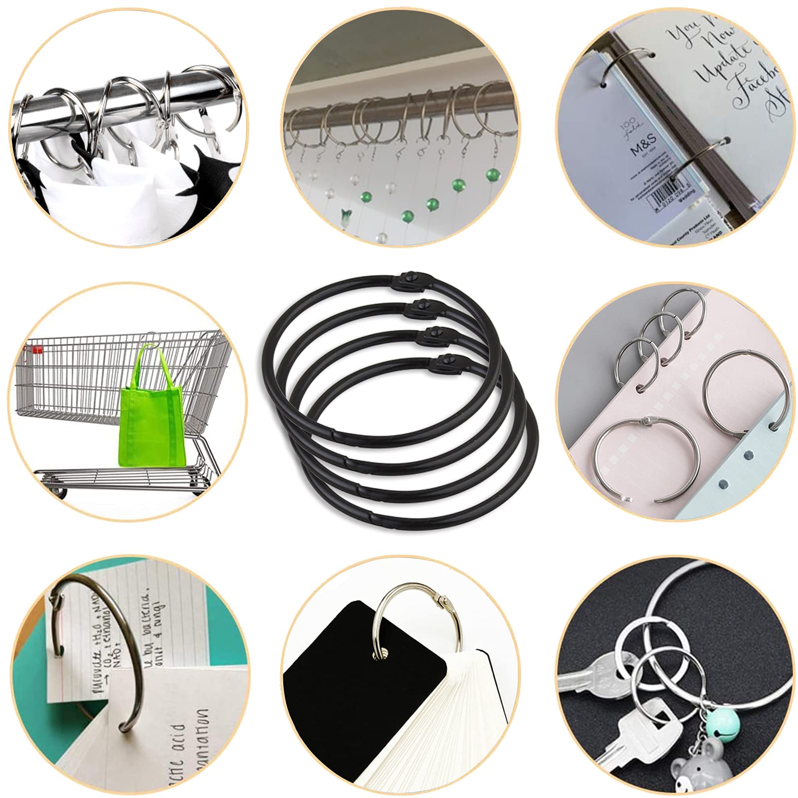 24 Pack Rustproof Metal Shower Curtain Rings - Decorative Round Hooks for Bathroom Shower Rods (Black) | Durable & Stylish Bathroom Accessories for Home, Hotel, and Apartment Use
