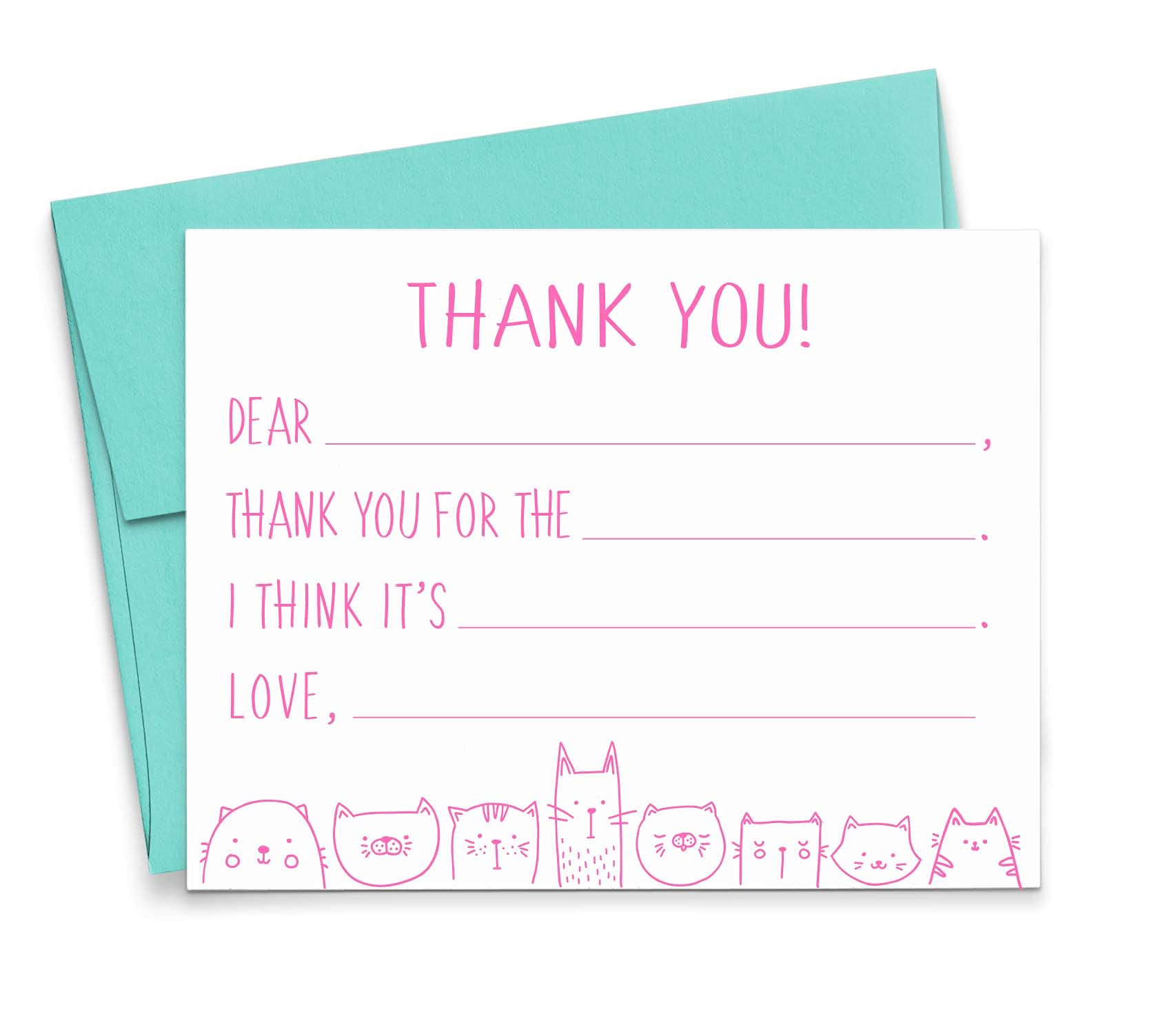Customizable Cat Thank You Cards with Envelopes - Fill-in-the-Blank Kitten Note Cards in Multiple Colors & Quantities | Perfect for Pet Lovers, Birthday Gifts & Party Favors