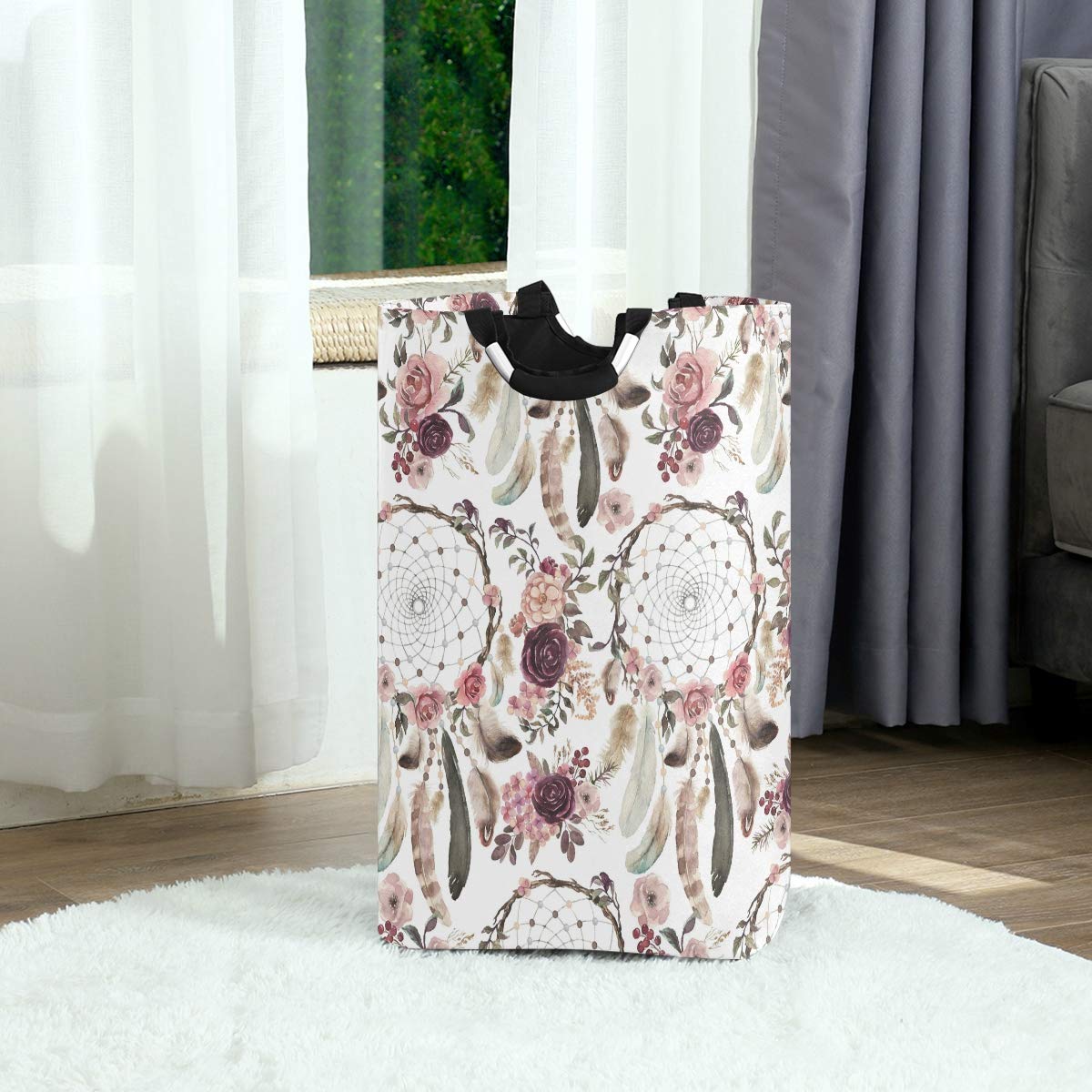 AUUXVA Boho Ethnic Dreamcatcher Rose Flower Laundry Hamper - Collapsible Clothes Basket, Foldable Storage Bin & Shopping Bag - Perfect for Bedroom, Bathroom, Dorm & Kids Toy Organization