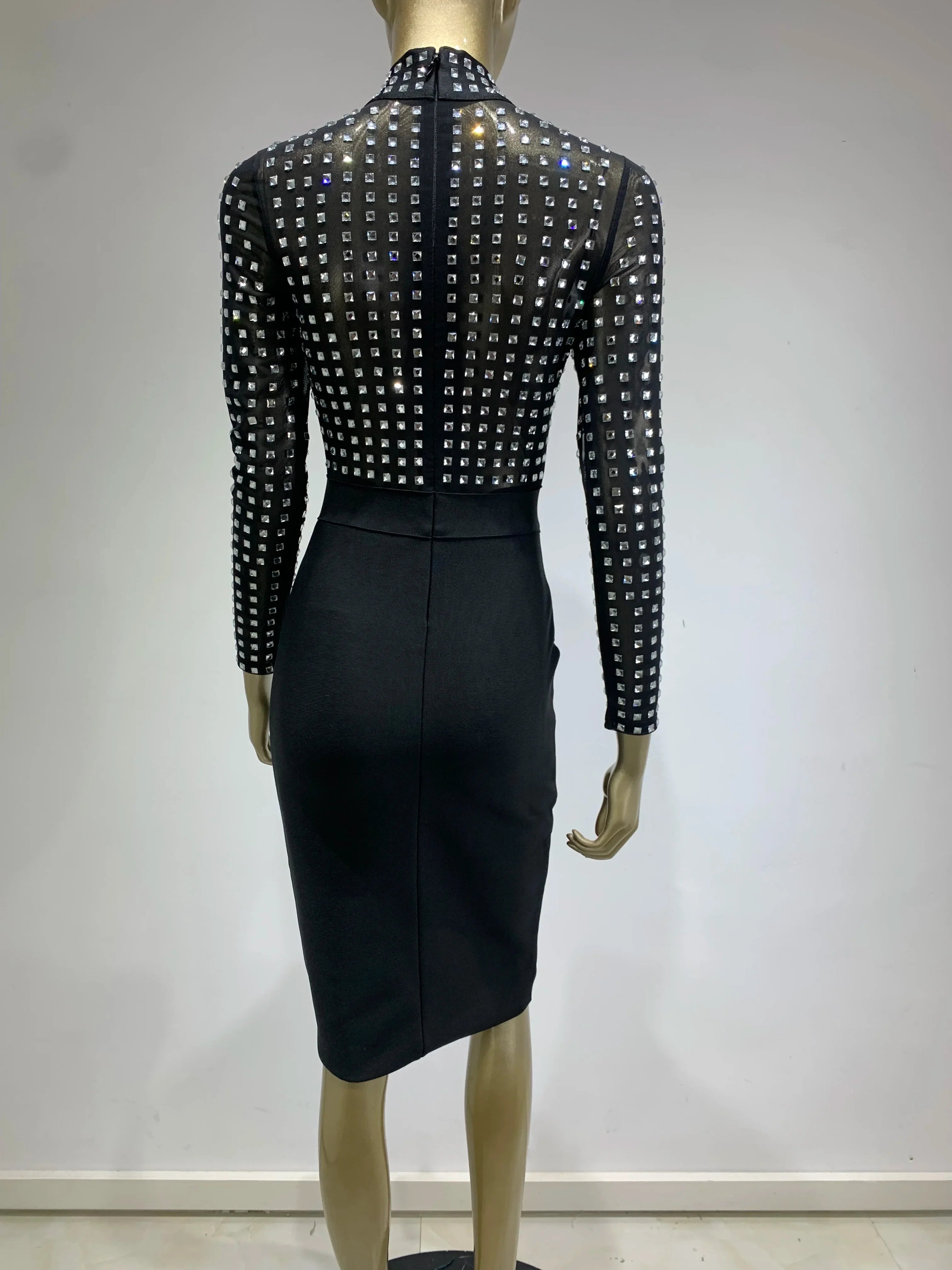 Sexy Black Rhinestone Turtleneck Bandage Dress for Women - Elegant Midi Bodycon Club Party Dress - Perfect for Evening Events, Night Out & Celebrity Inspired Outfits