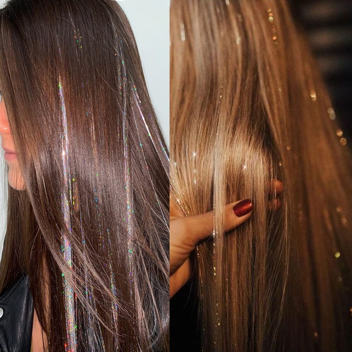 Ayushicreationa Glitter Hair Tinsel Extensions - 6 Color Pack of Holographic Sparkle Shiny Straight Hair Strands for Women & Girls | Perfect for Parties, Festivals, Cosplay and Special Occasions